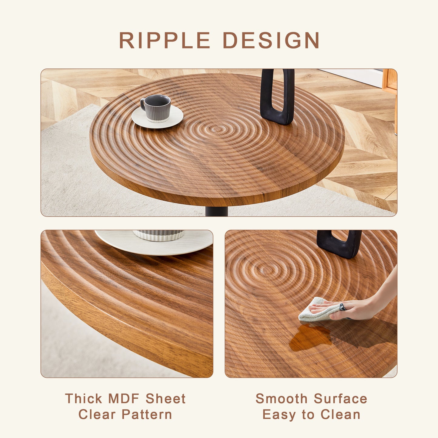 Round wooden coffee table with concentric ripple design and a black base