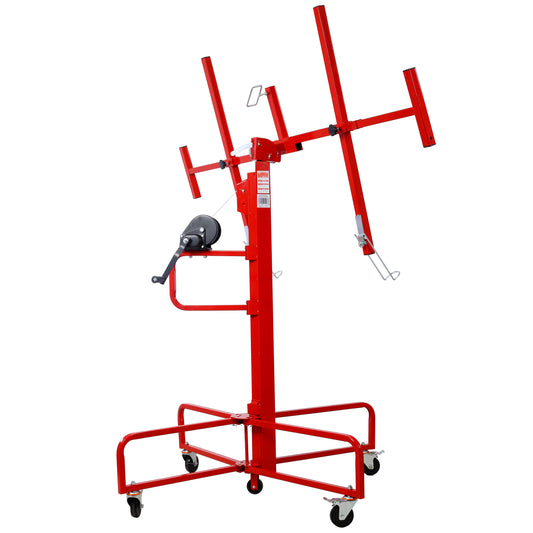 Red drywall lift with adjustable cradle and wheeled base for easy maneuvering