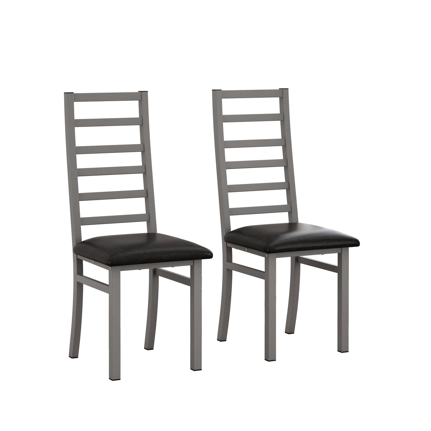 Two silver metal dining chairs with black faux leather seats perfect for modern kitchens