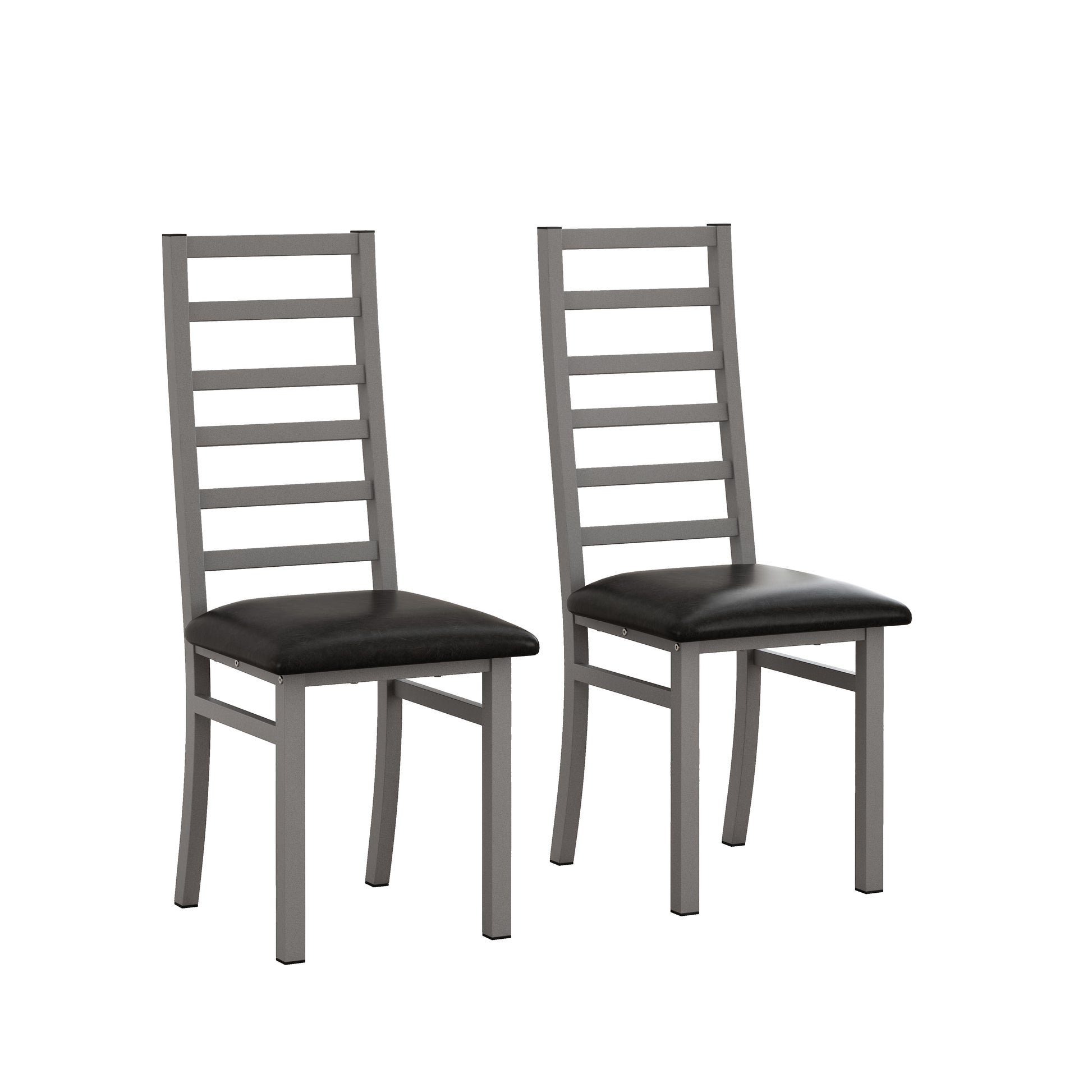 Two silver metal dining chairs with black faux leather seats perfect for modern kitchens
