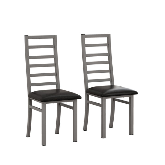 Two silver metal dining chairs with black faux leather seats perfect for modern kitchens
