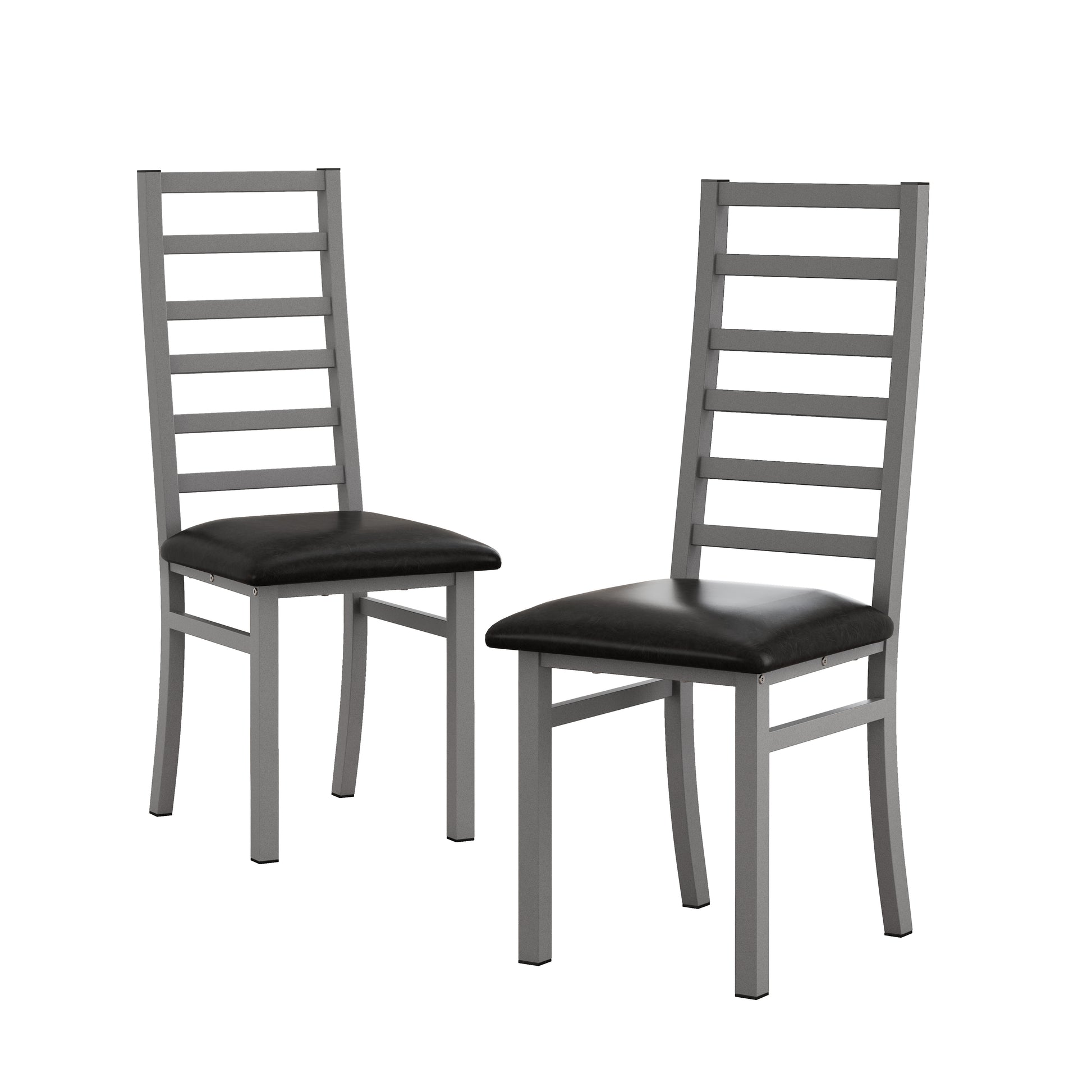Two modern grey metal dining chairs with black faux leather seats