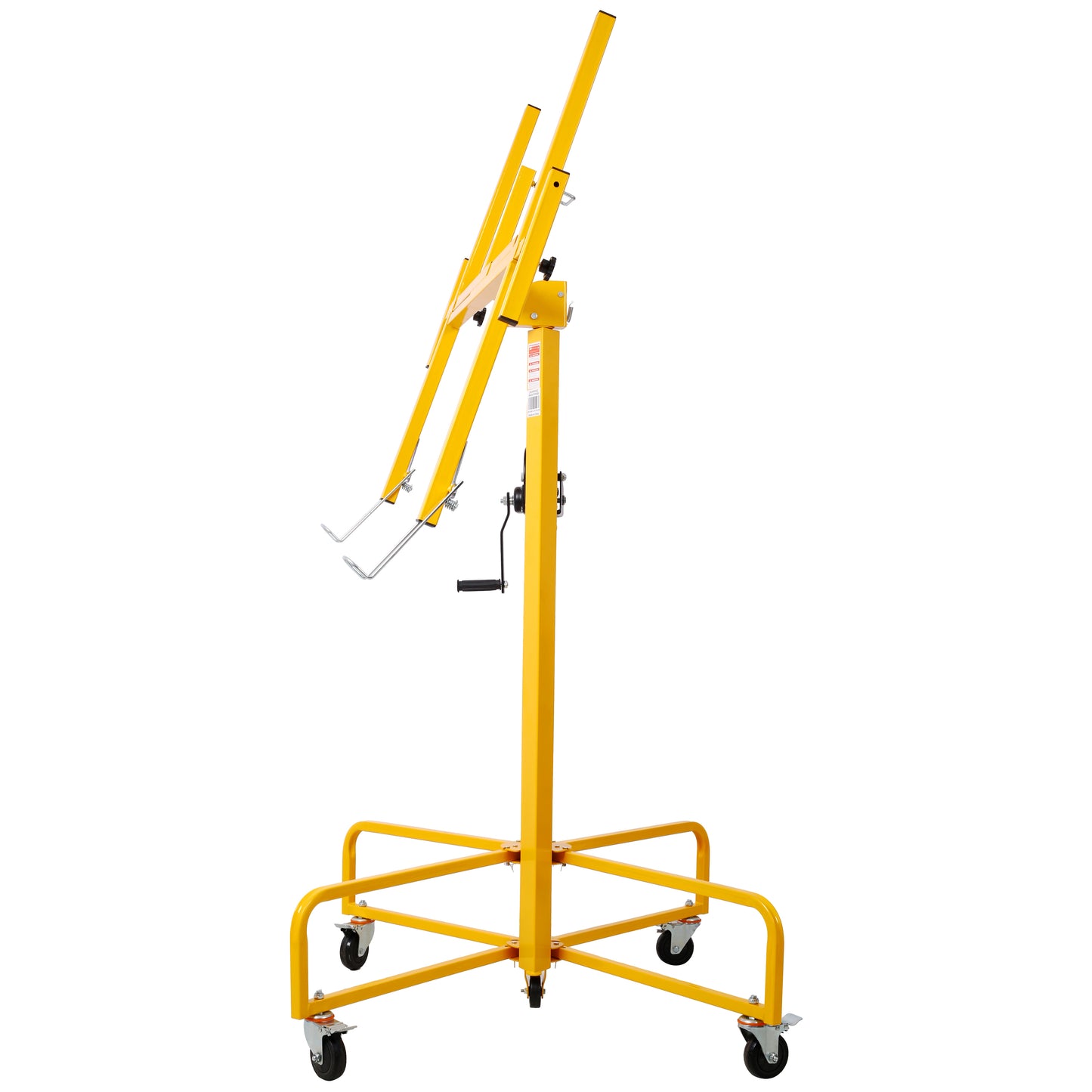 Yellow drywall lift with adjustable tilting cradle and crank mechanism