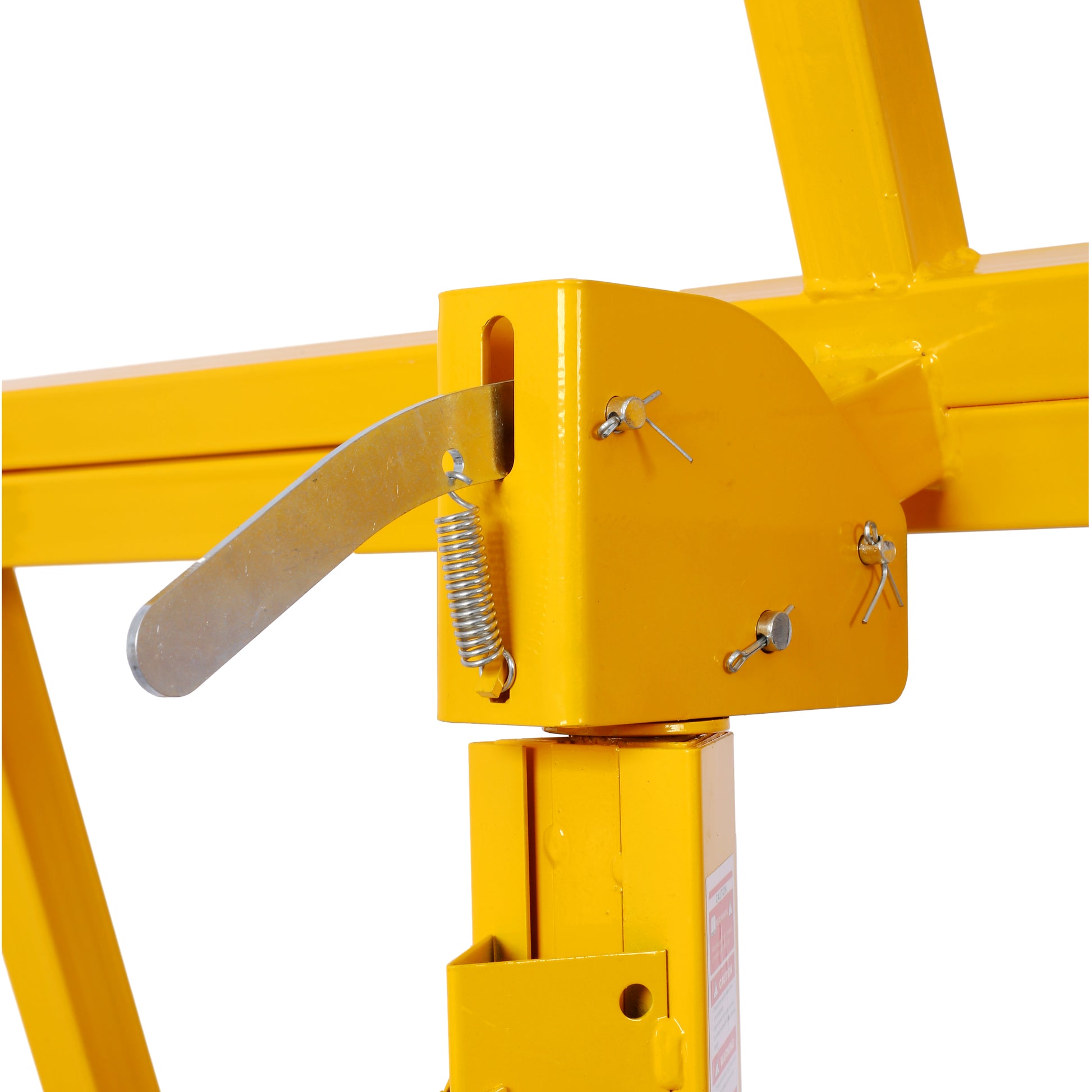Yellow metal jack stand with springloaded pin and lever mechanism