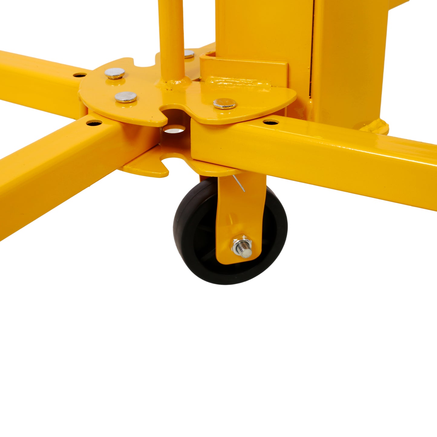 Yellow steel engine hoist caster with bolted attachment