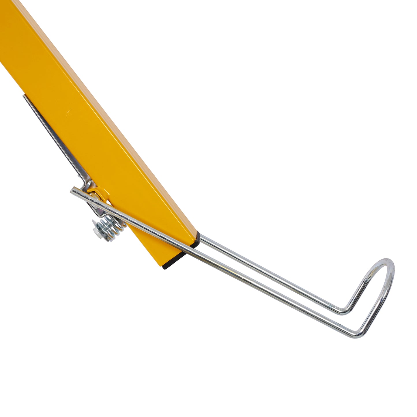 Yellow metal jack stand component with silver spring mechanism and angled support legs