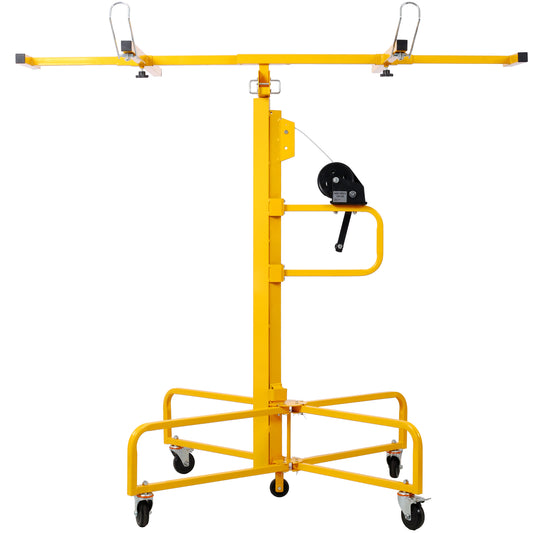 Yellow drywall lift with extendable arms and a hand winch