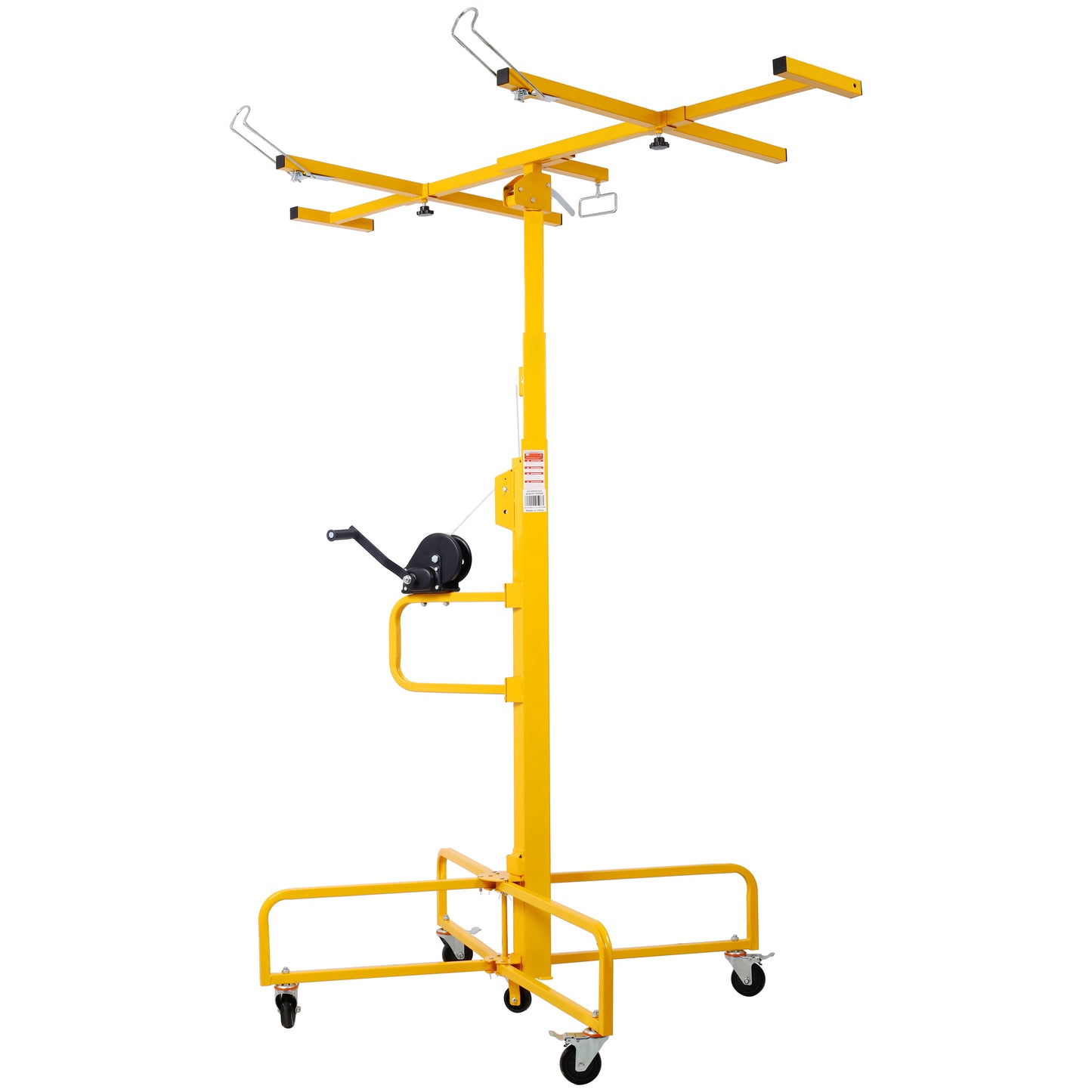 Yellow drywall lift with crank mechanism and wheeled base