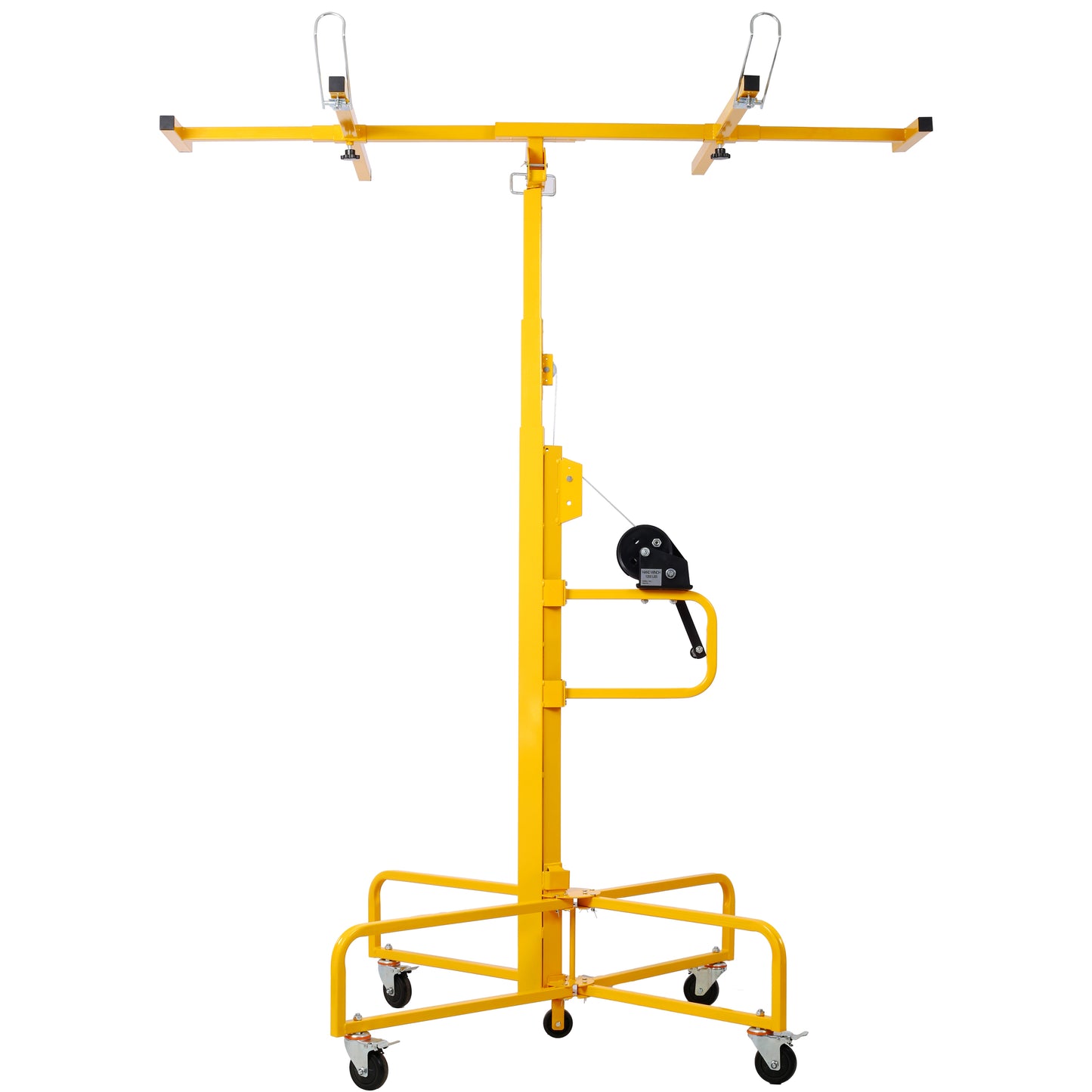 Yellow drywall lift with hand crank winch and wheeled base