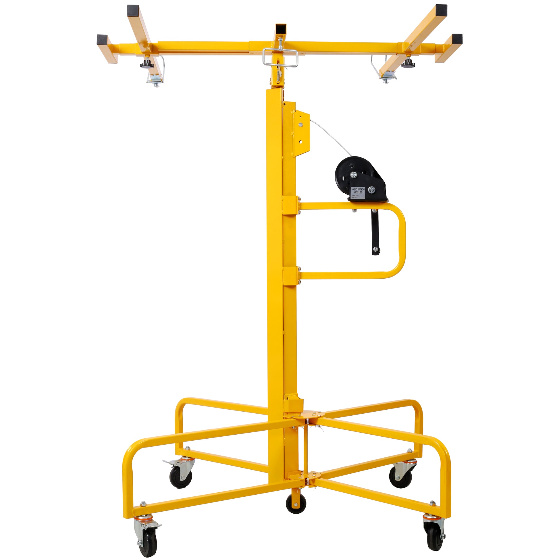 Yellow drywall lift with adjustable arms and hand winch