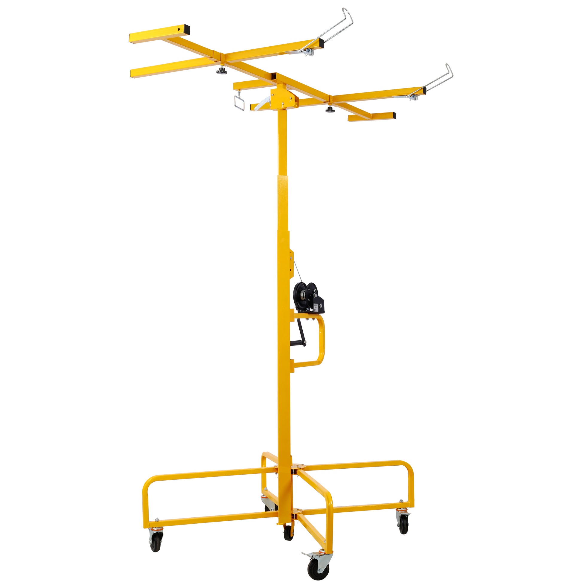 Yellow metal drywall lift with adjustable arms and wheels for construction