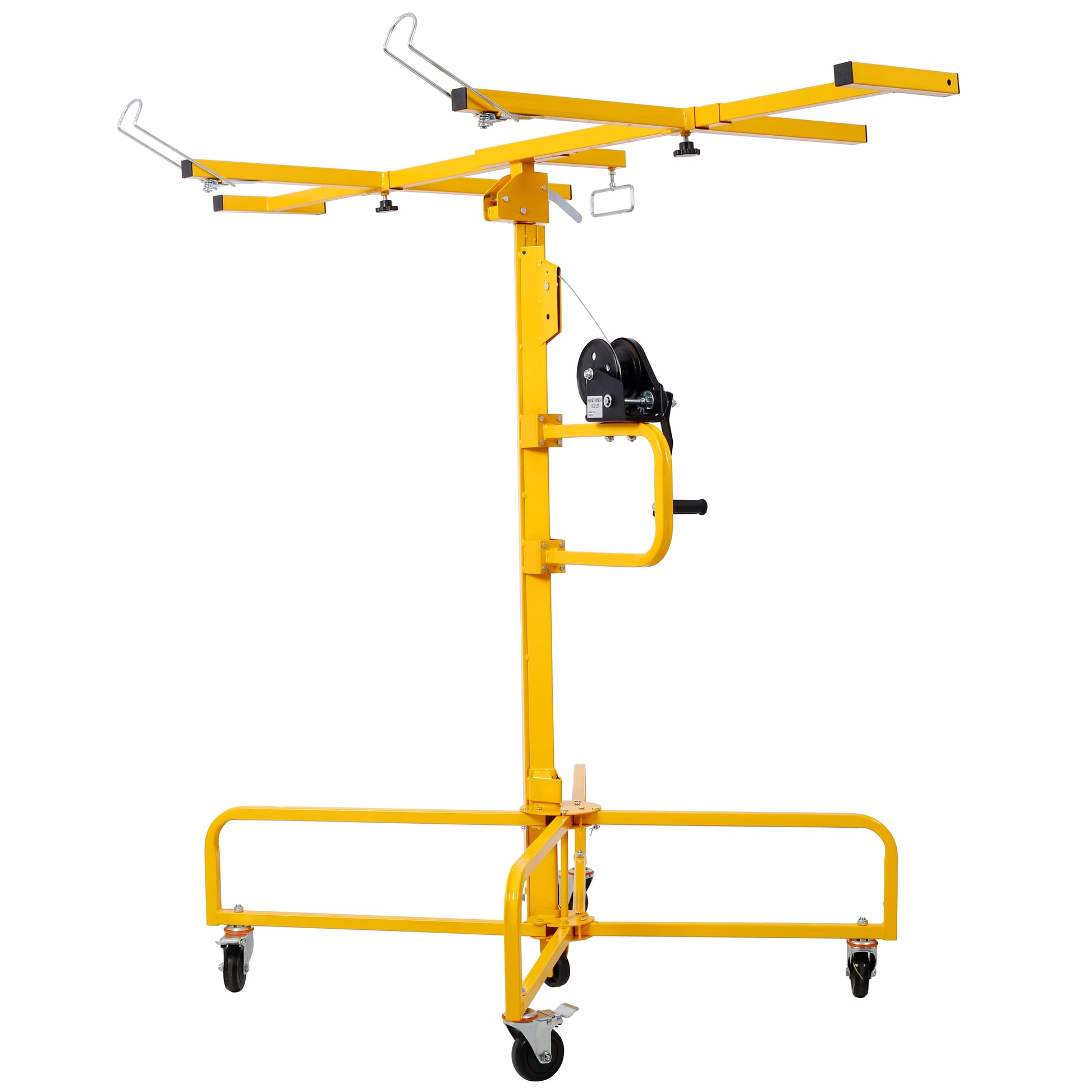 Yellow drywall lift with adjustable arms and winch