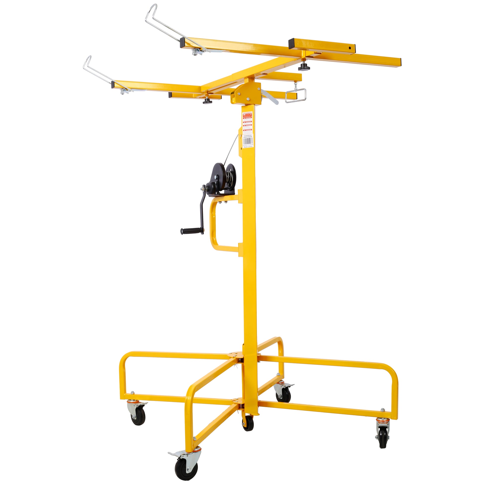 Yellow drywall lift with adjustable arms and a crank winch for ceiling installation