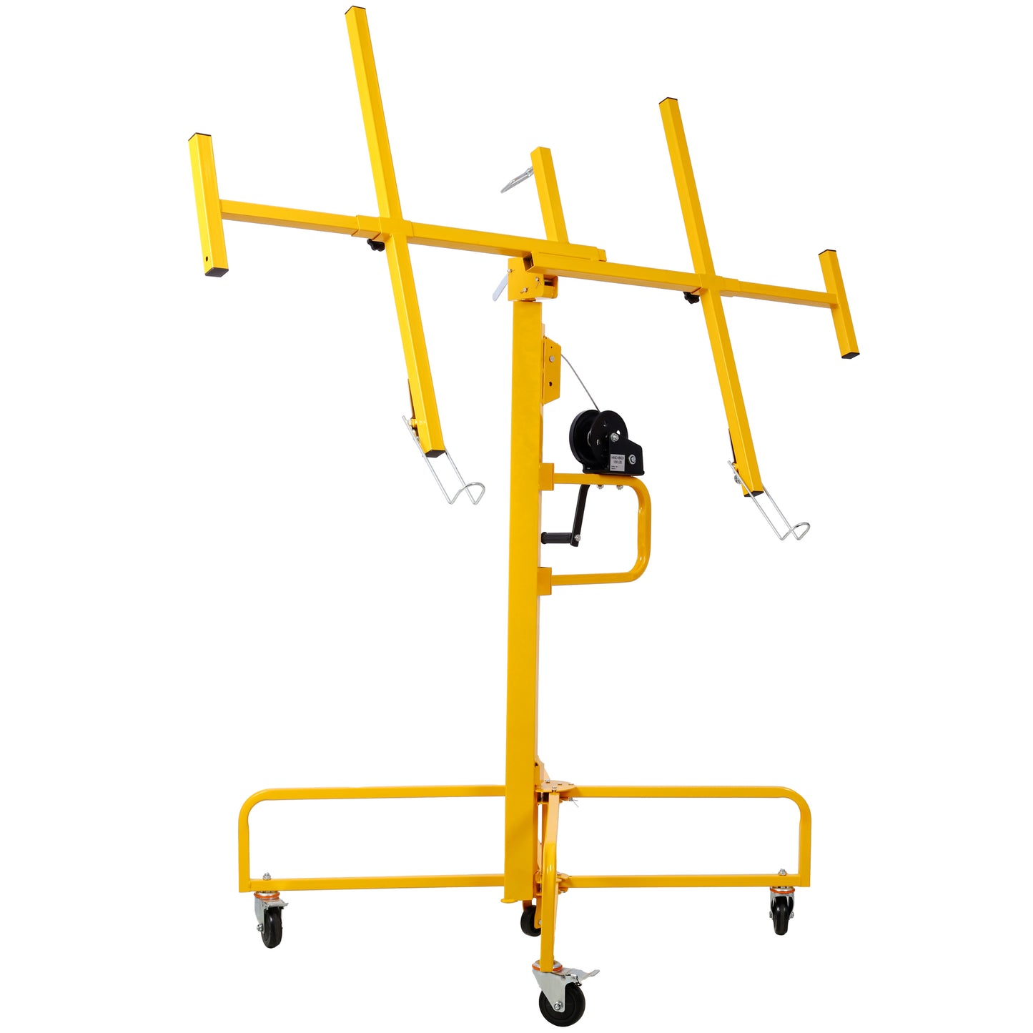 Yellow drywall lift with adjustable arms and wheels