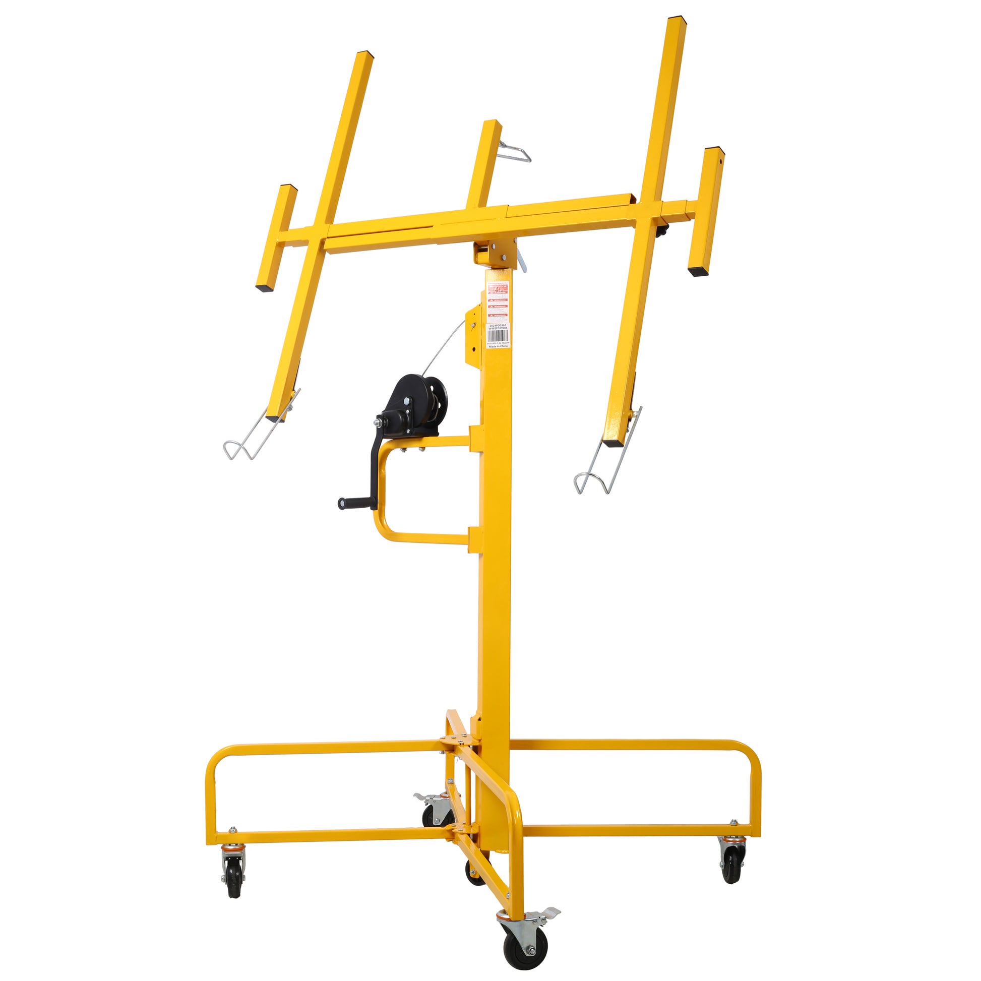 Yellow adjustable drywall lift with winch for home renovation