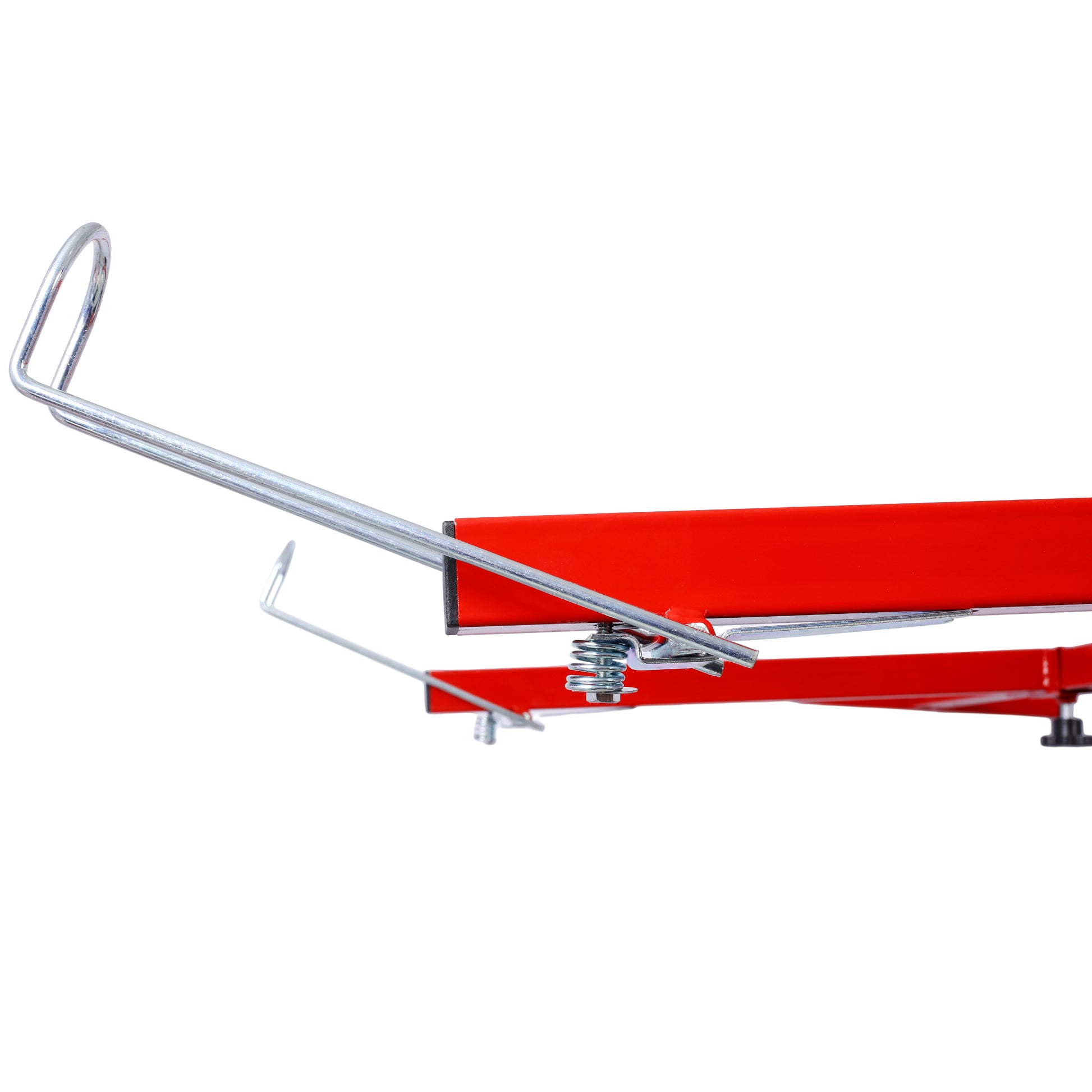 Red metal jack stand with chrome support arm and spring mechanism