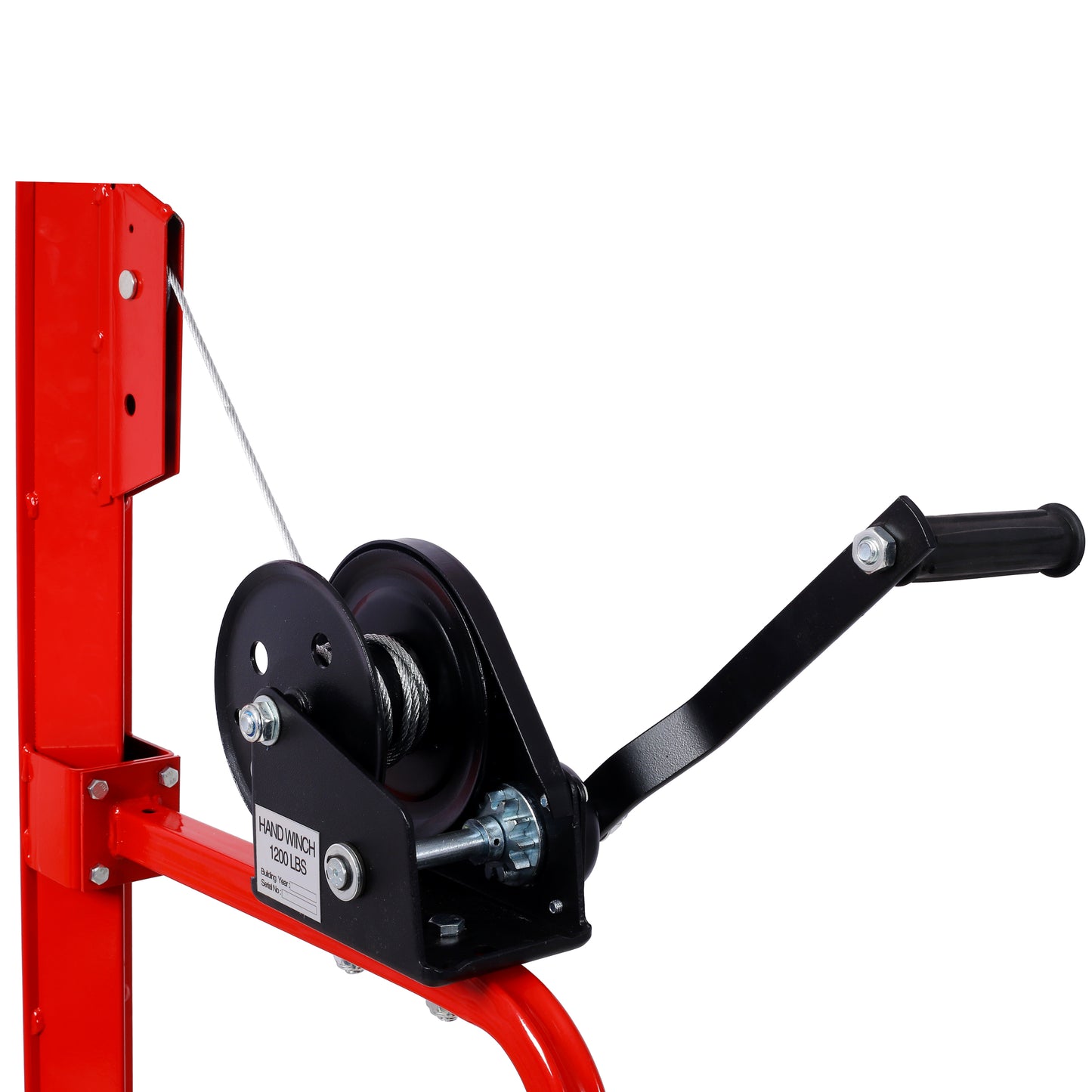 Red steel hand winch with  lbs capacity and black crank