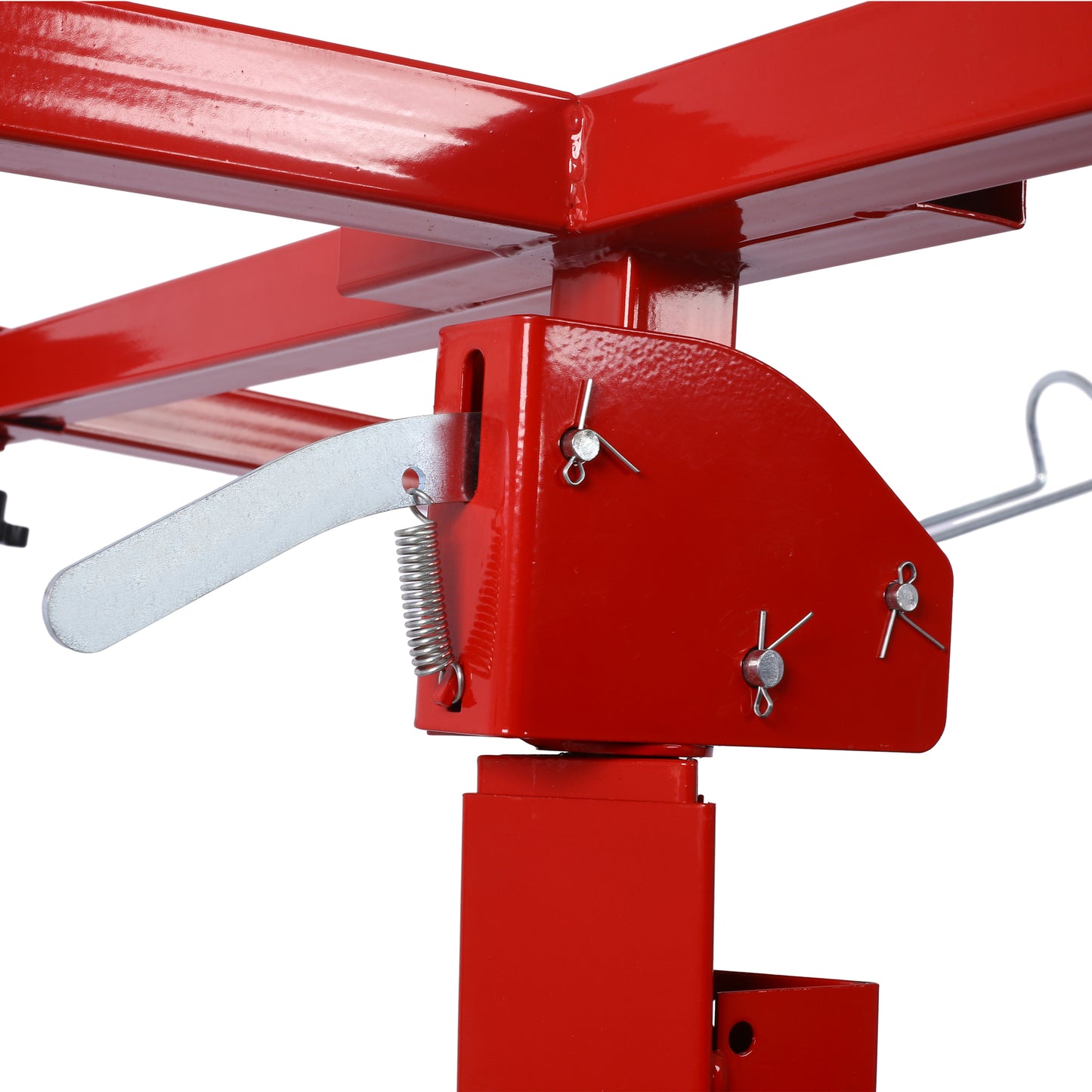Red metal lift mechanism with silver lever and spring