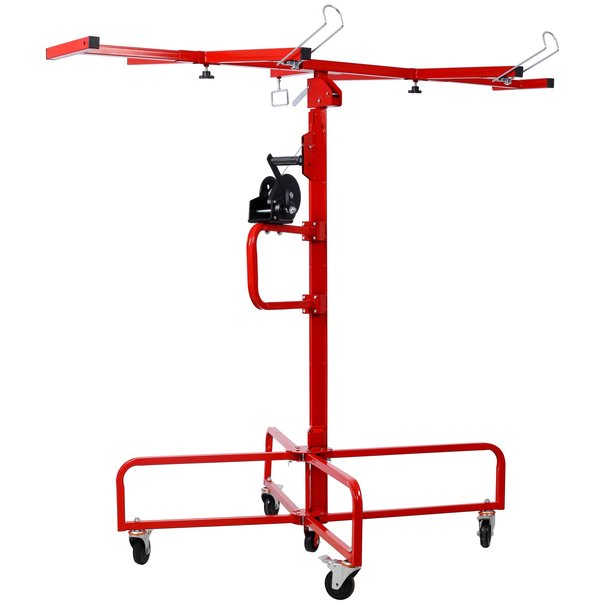 Red metal drywall lift with a crank hoist and wheeled base for construction
