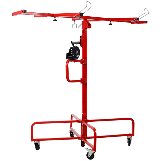 Red metal drywall lift with a crank hoist and wheeled base for construction