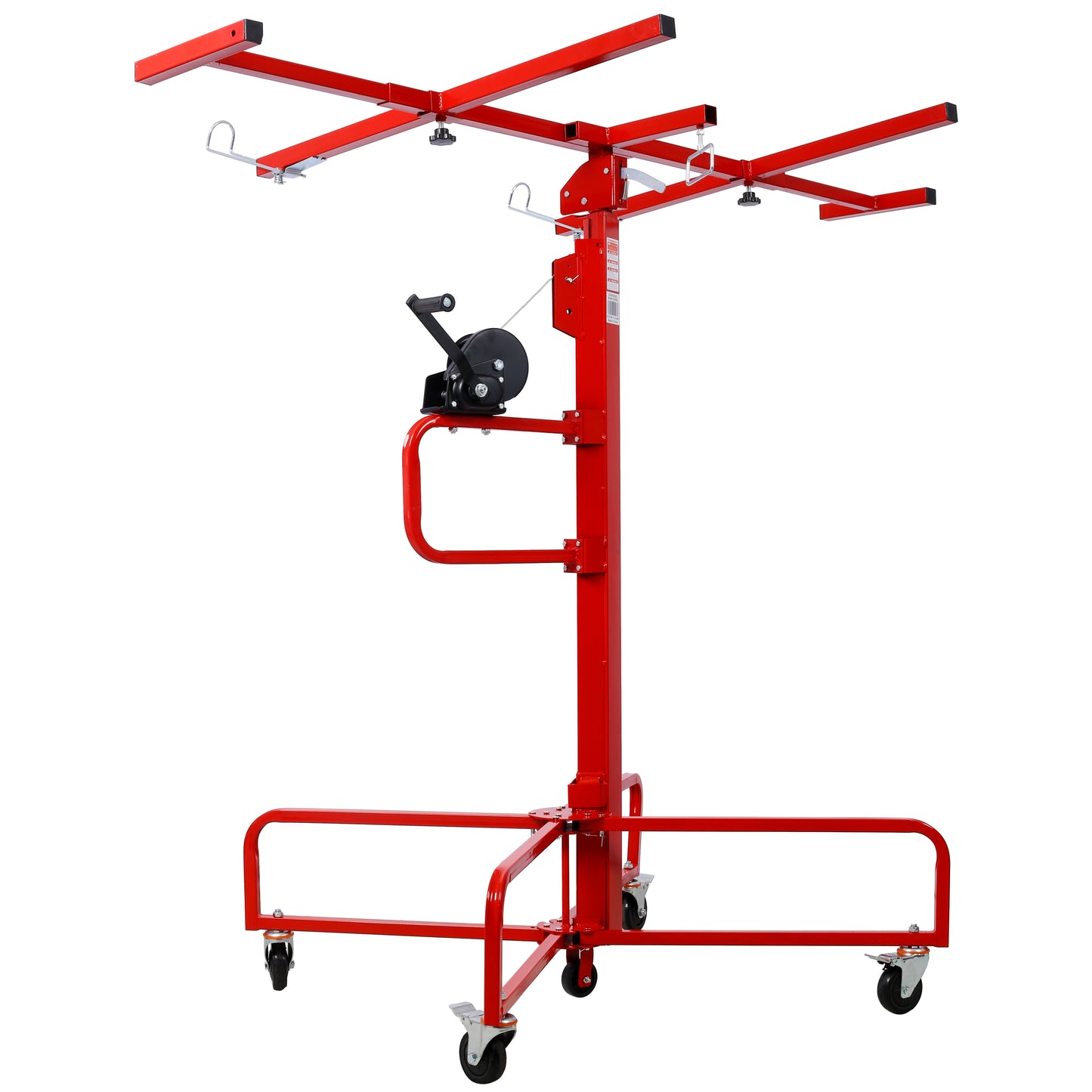 Red metal drywall lift with wheels and a winch mechanism