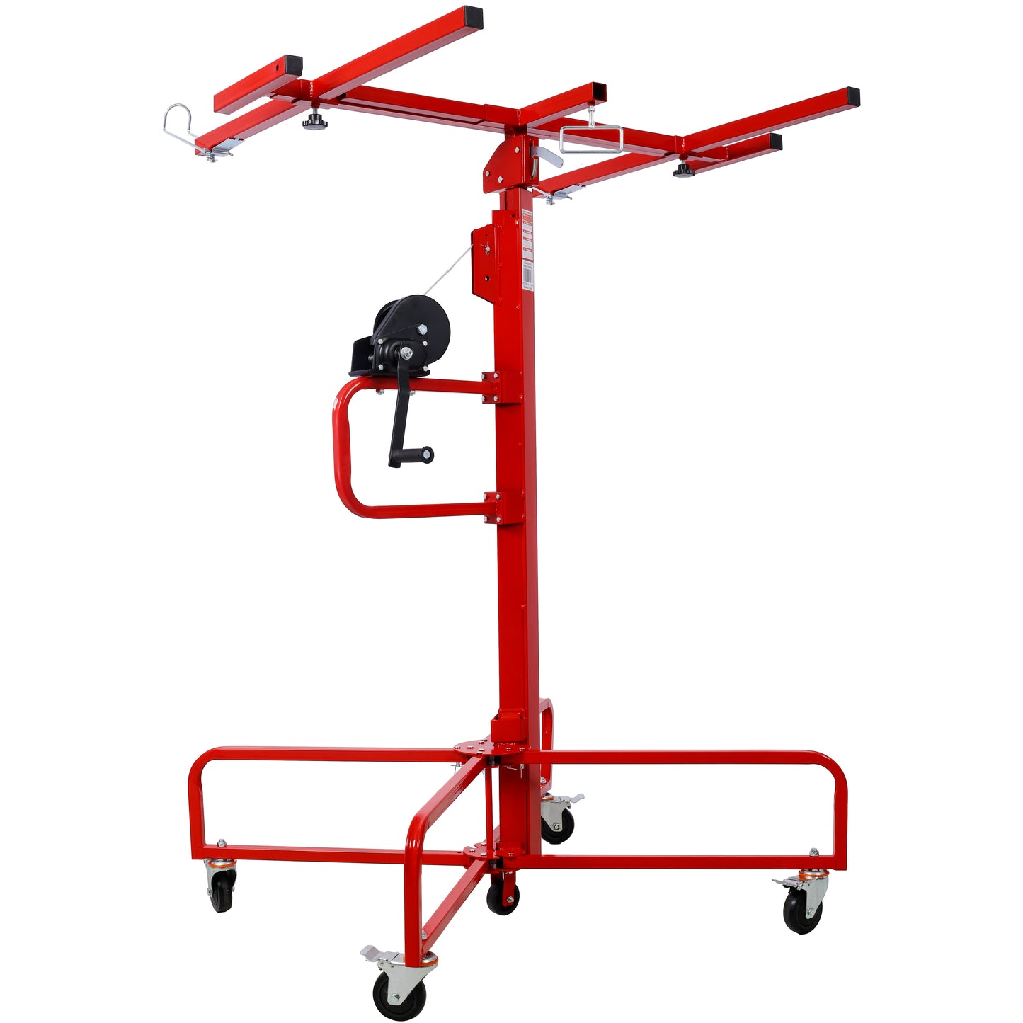 Red metal drywall lift with adjustable arms and crank winch