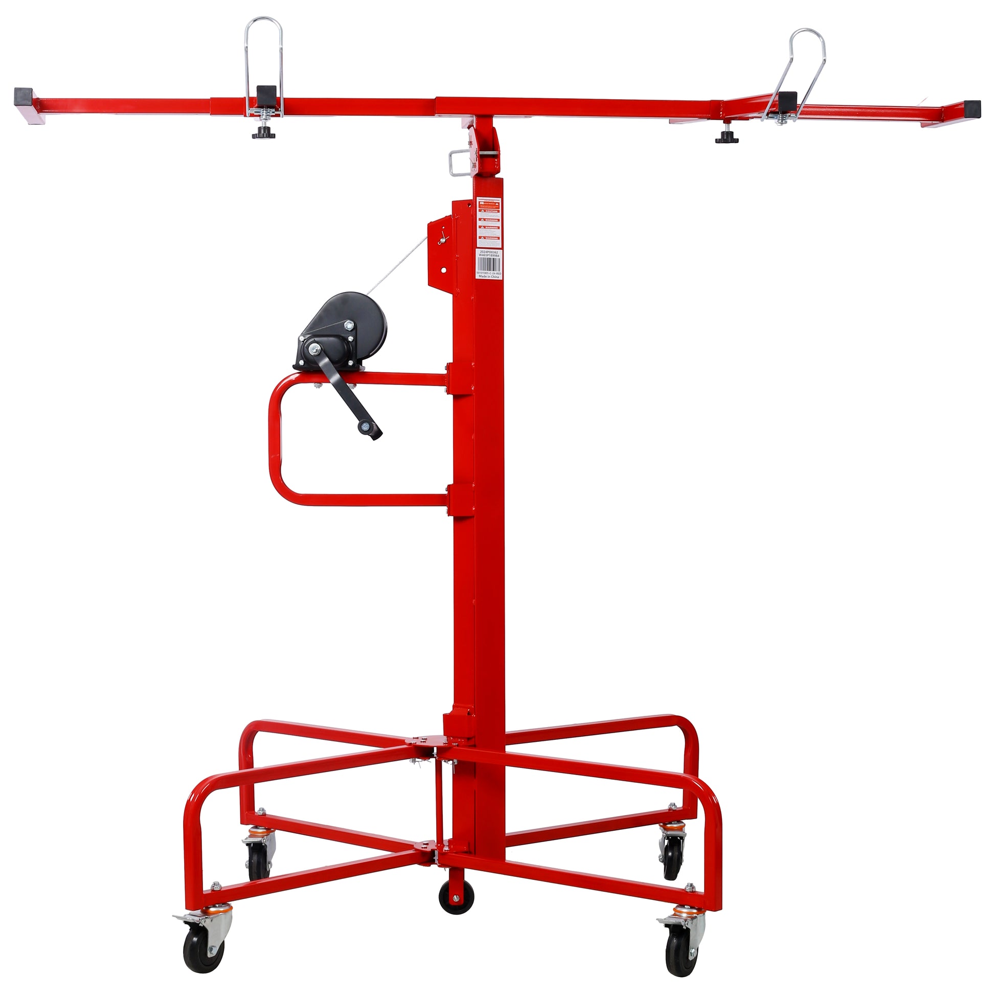 Red drywall lift with adjustable arms and crank