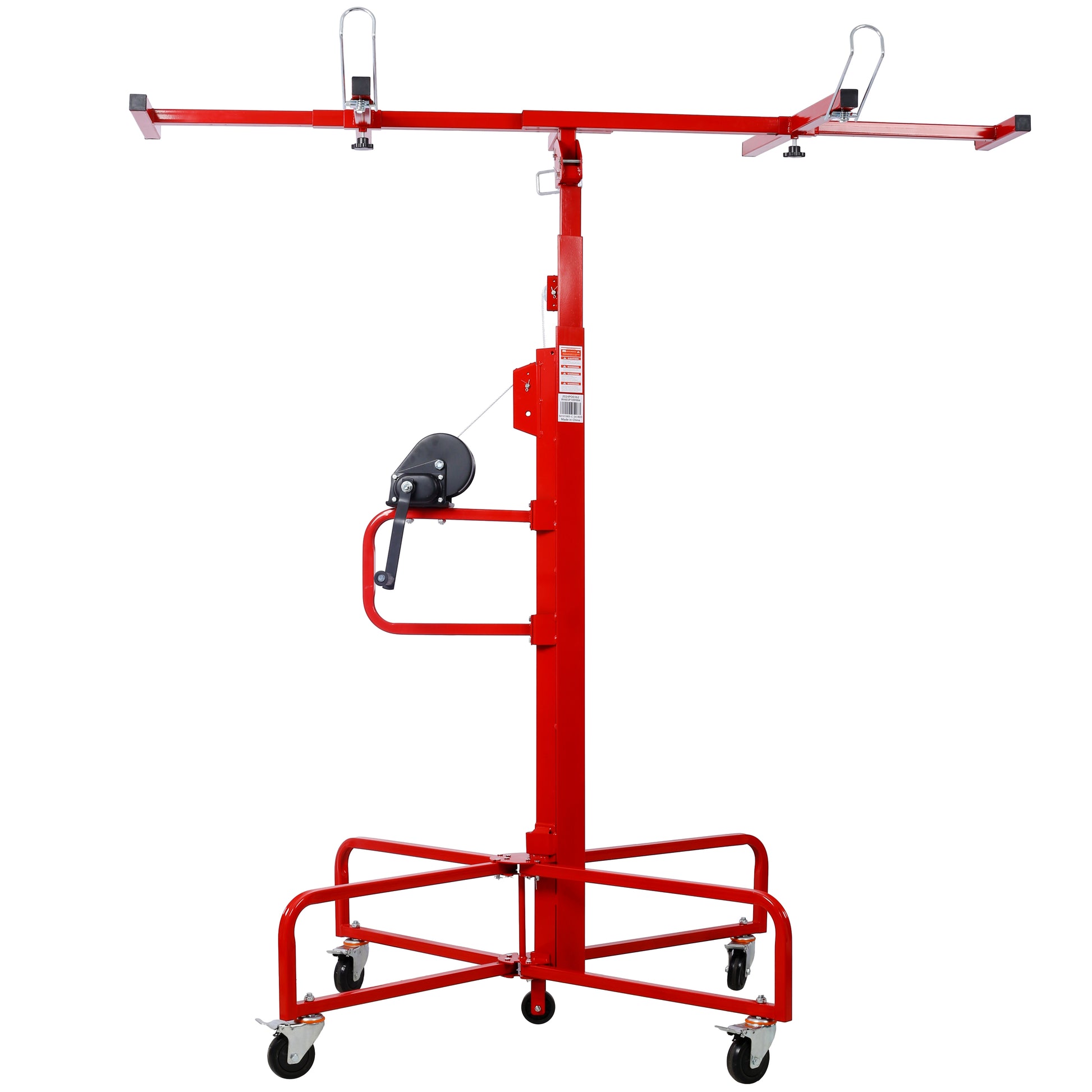 Red drywall lift with adjustable arms and crank handle