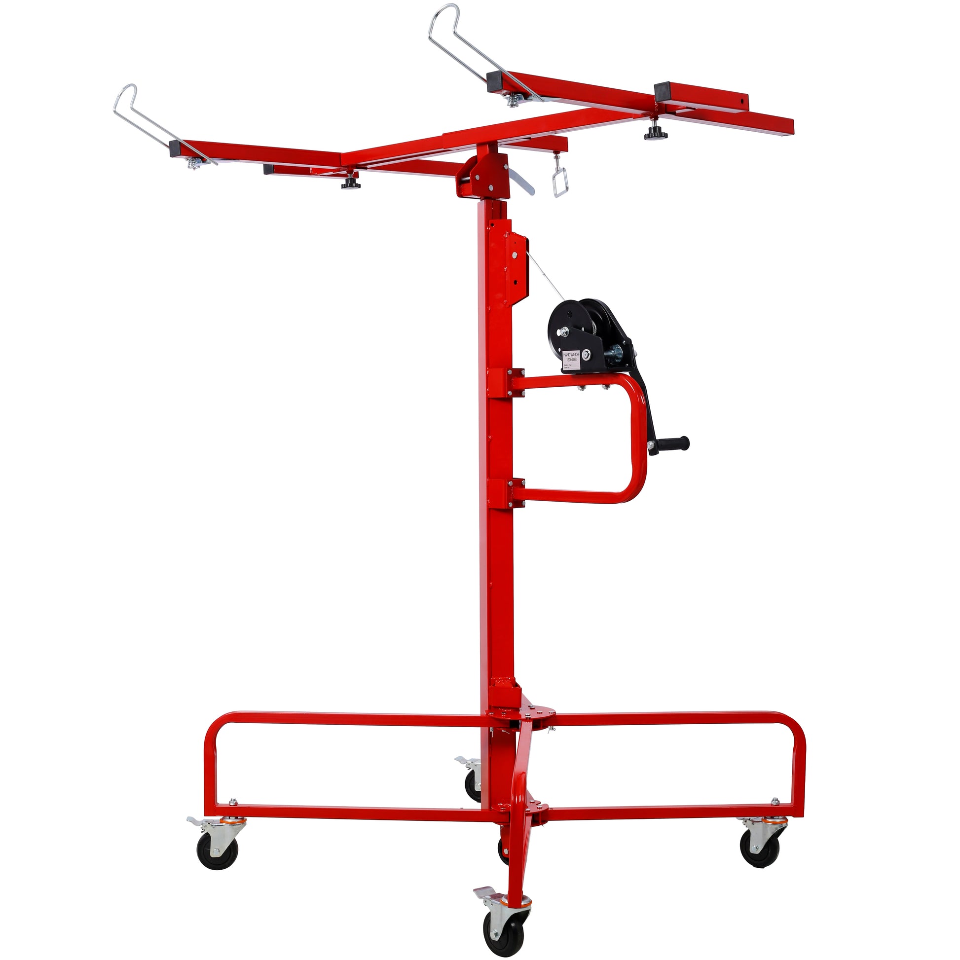 Red metal drywall lift with a hand crank winch and wheeled base for easy maneuverability