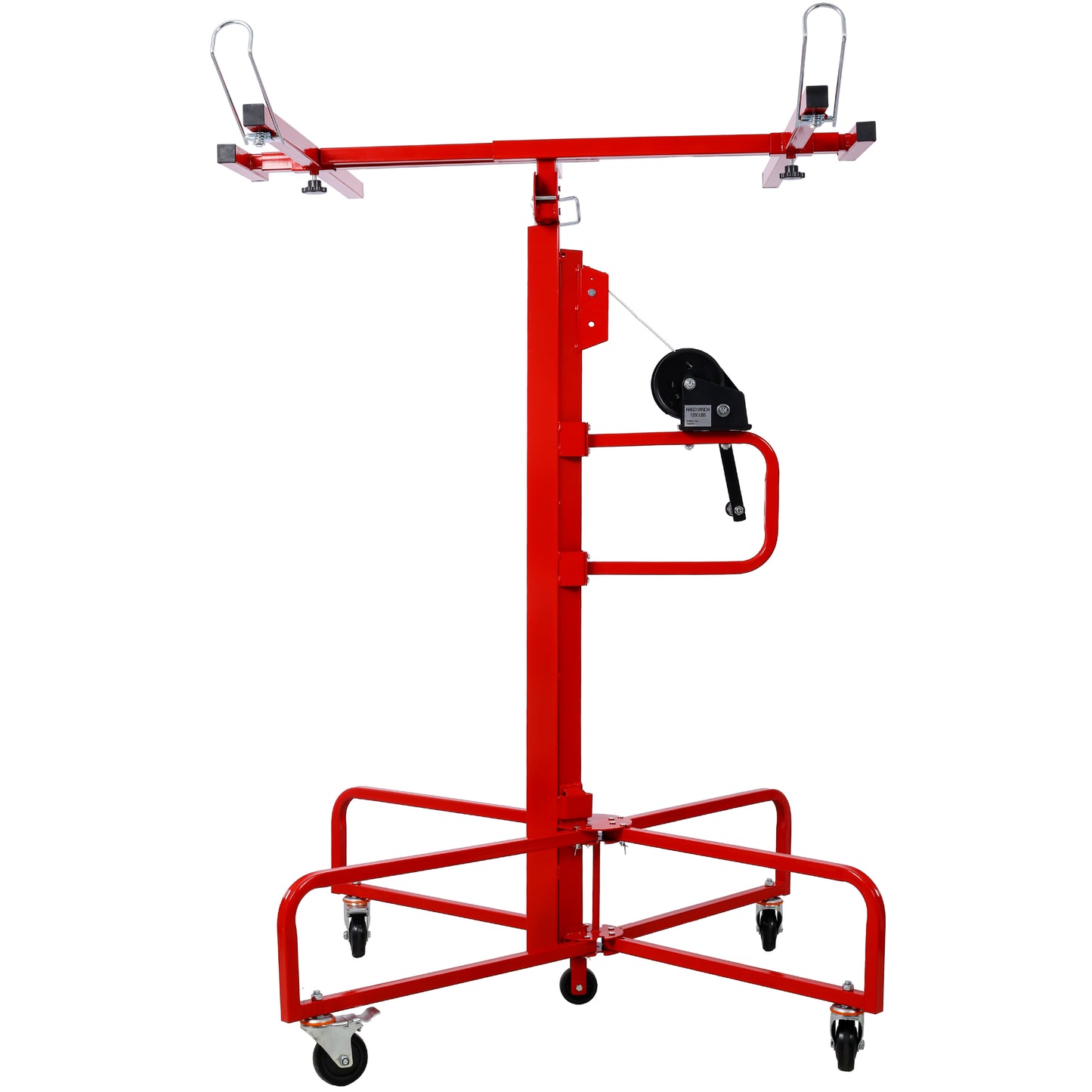 Red metal drywall lift with a hand winch