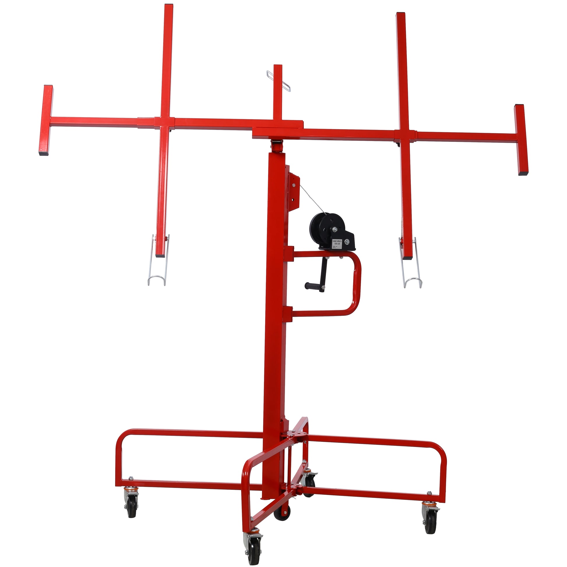 Red drywall lift with dual wheels for easy maneuverability