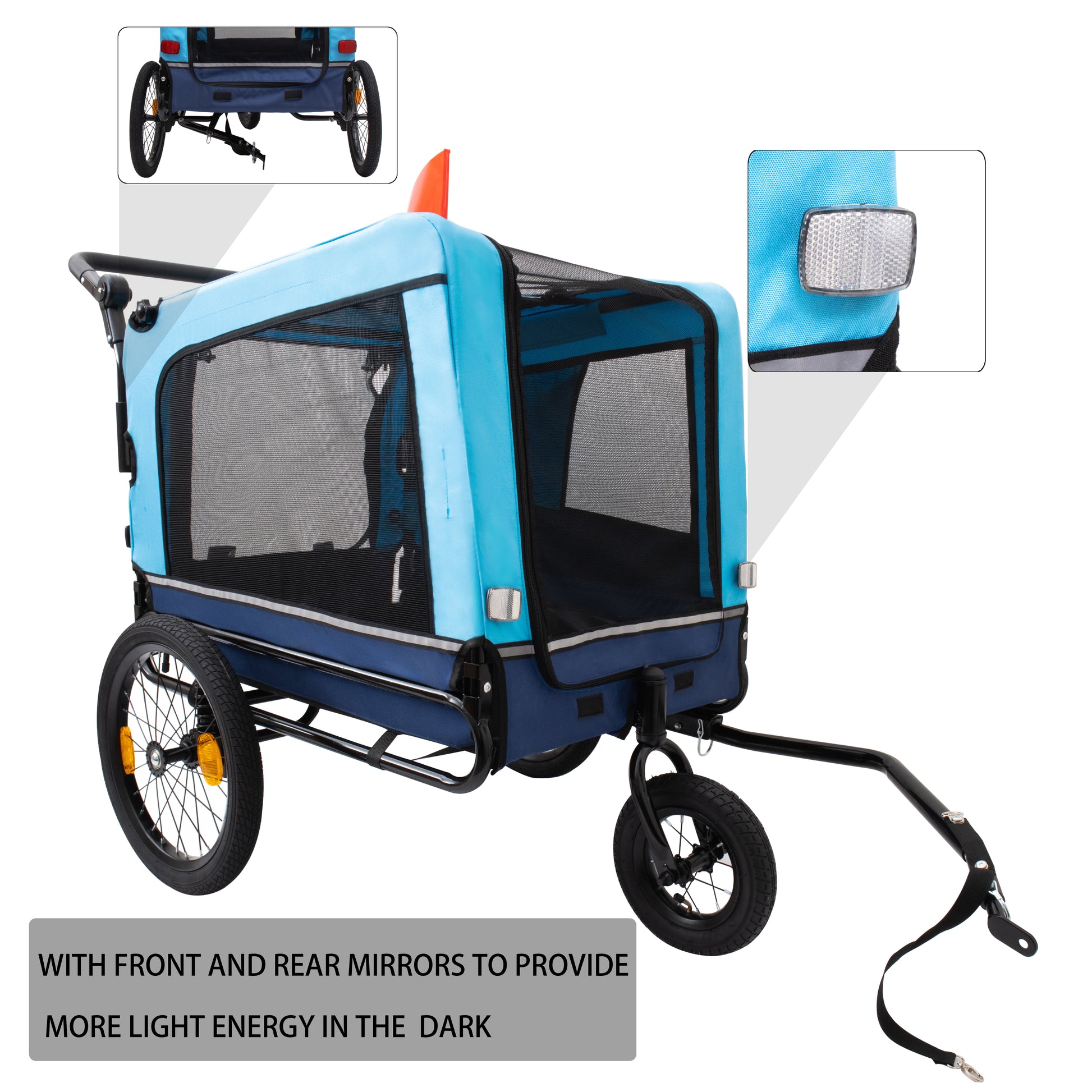 Blue and navy pet trailer with mesh windows and reflective accents