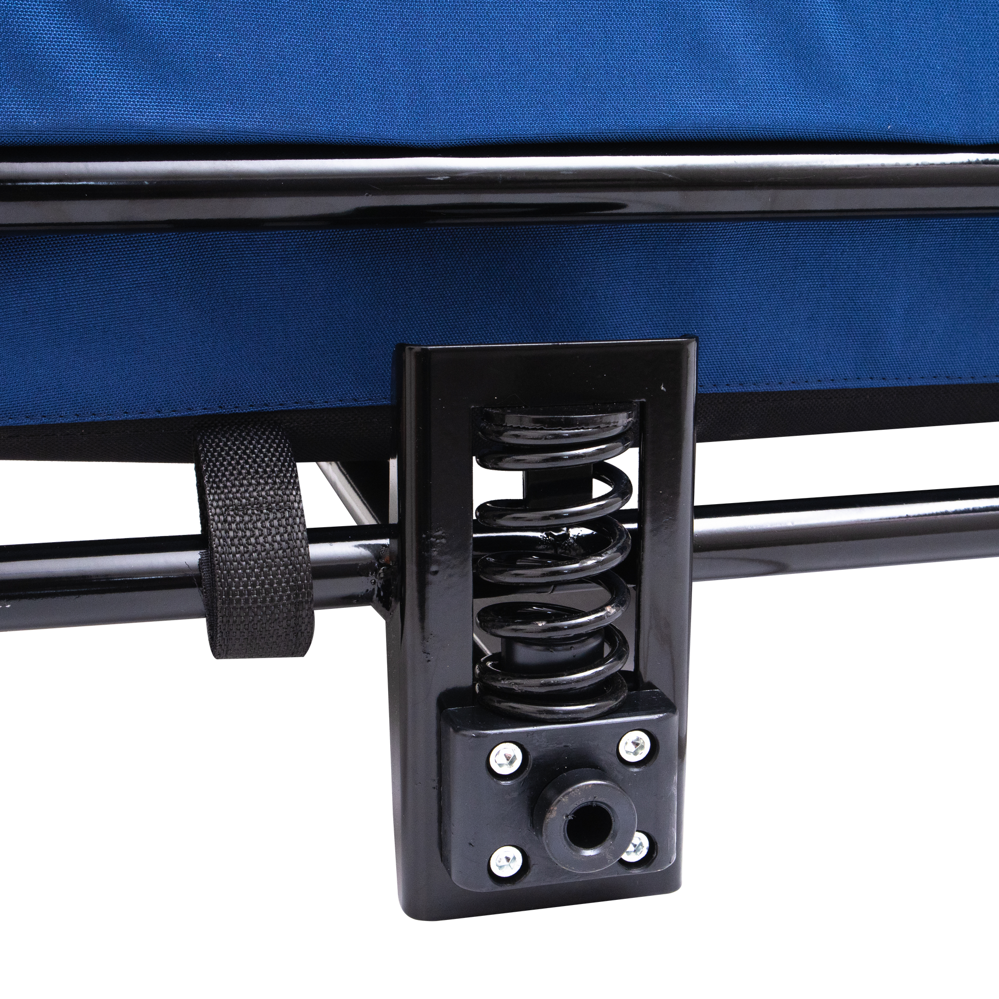 Blue fabric recliner seat with black metal spring mechanism detail