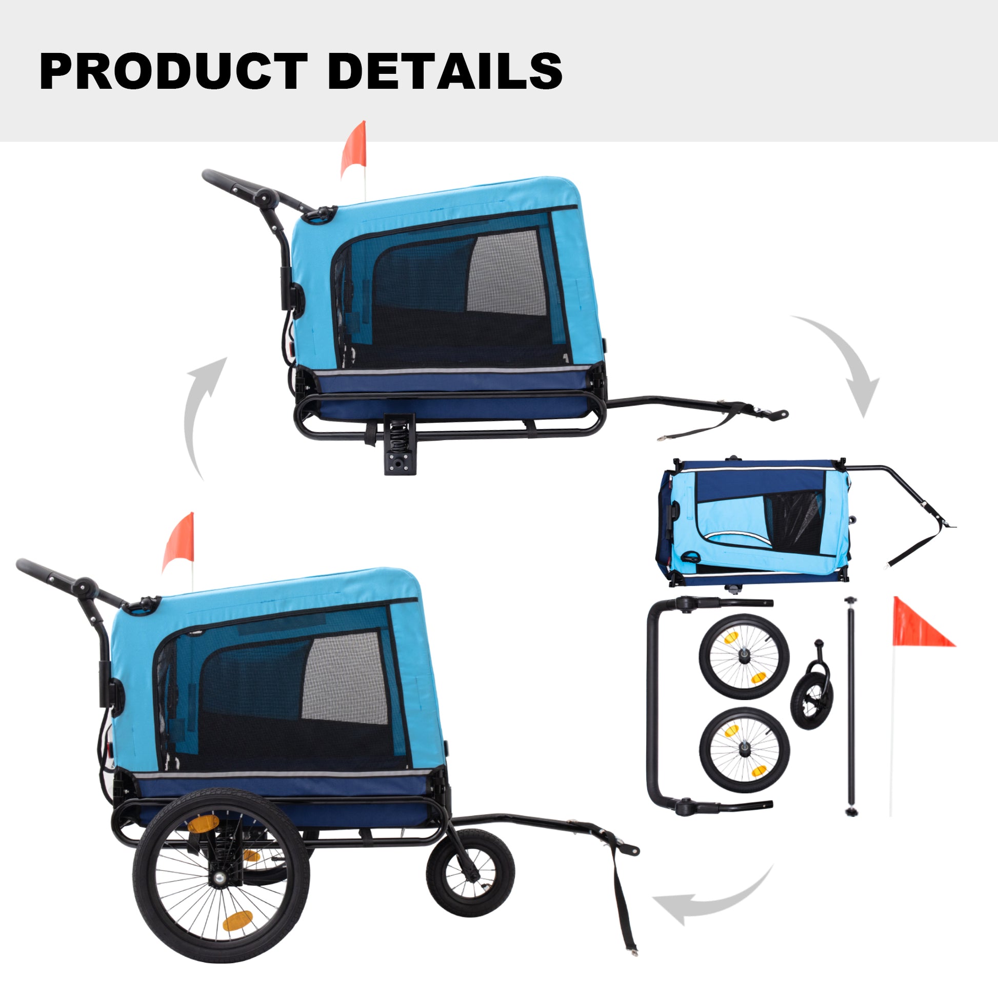 Blue and navy fabric pet trailer with black frame and red safety flag