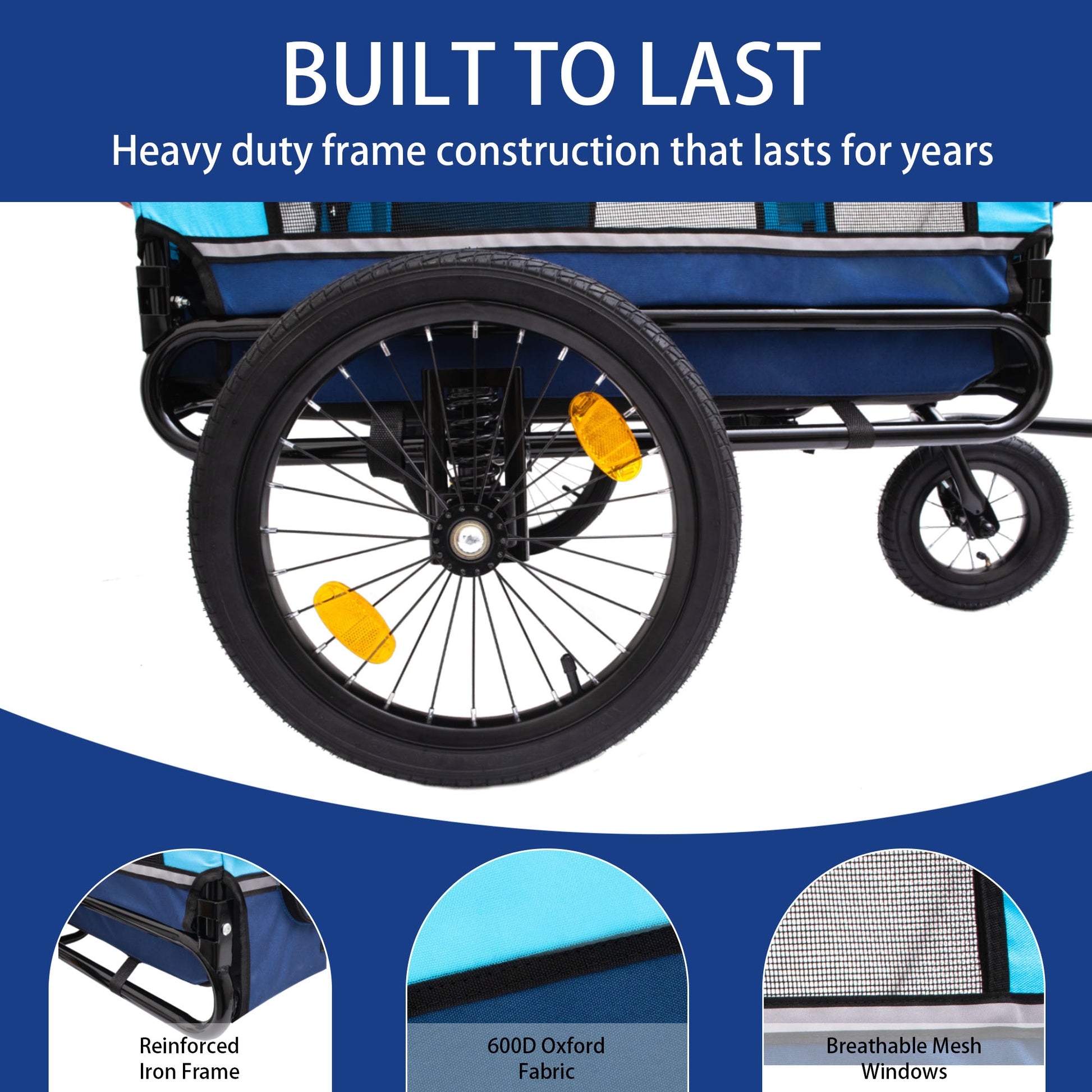 Blue folding wagon with large spoked wheels and reflective accents