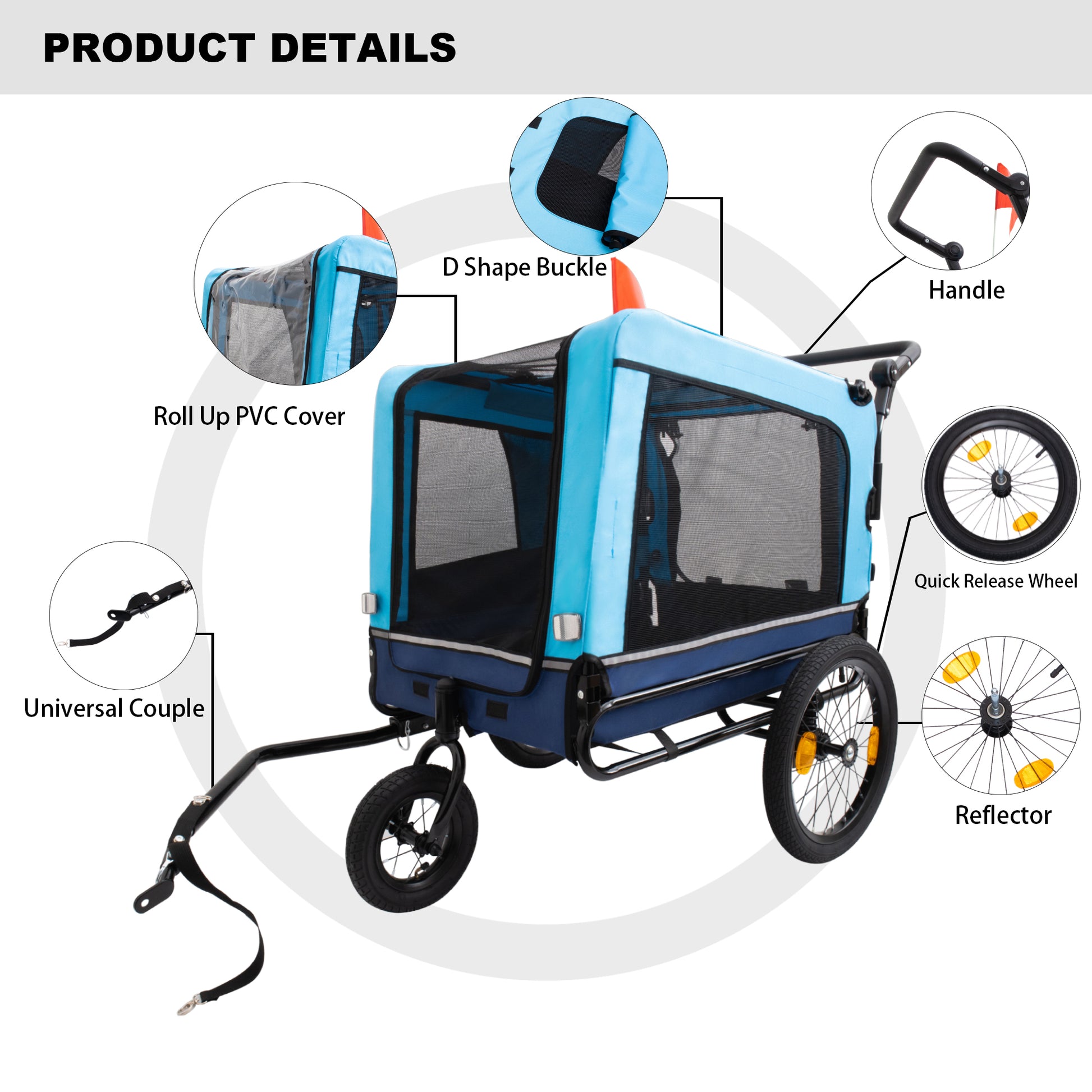 Blue fabric pet trailer with mesh windows and quickrelease wheels for cycling