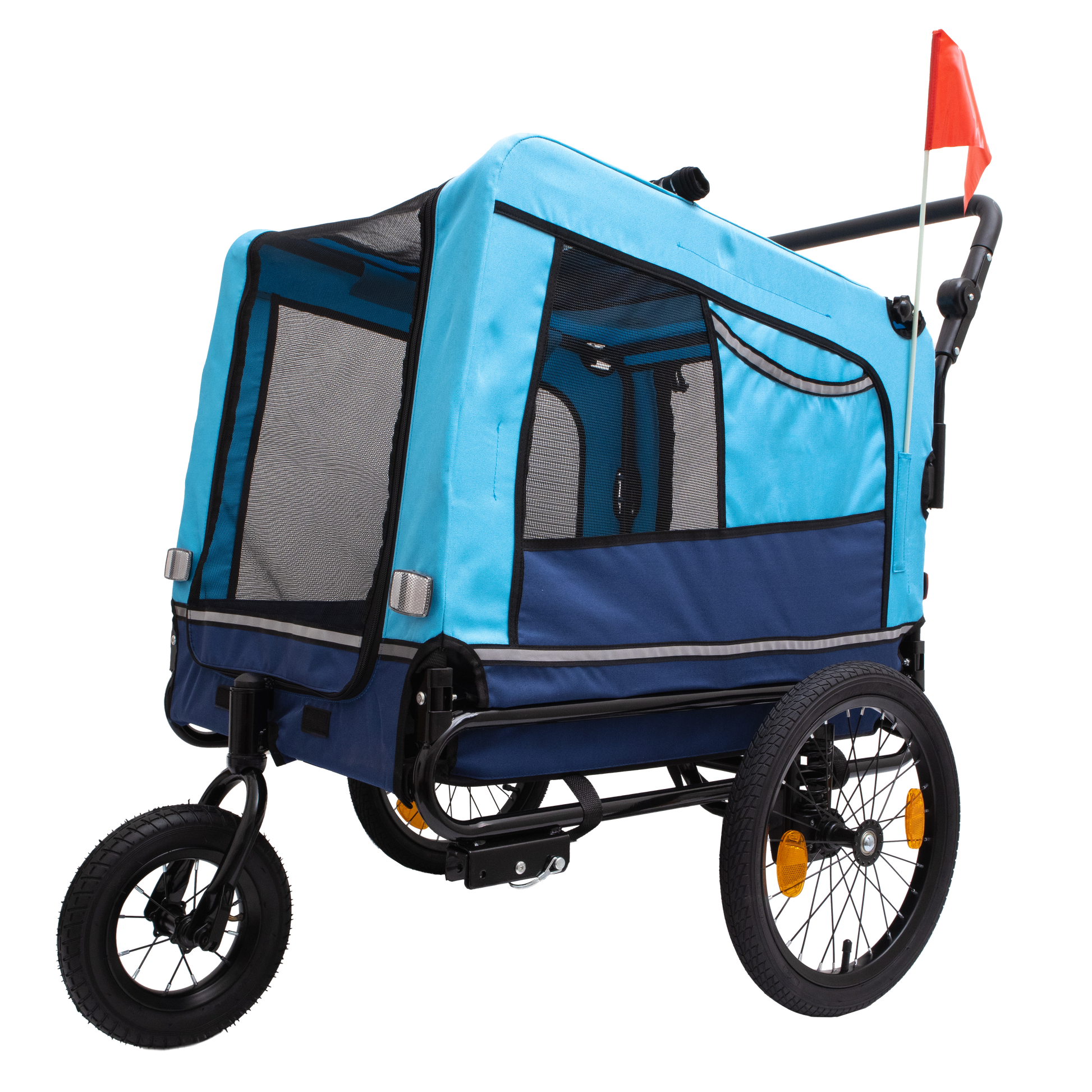 Blue and navy fabric pet stroller with mesh windows and a red safety flag