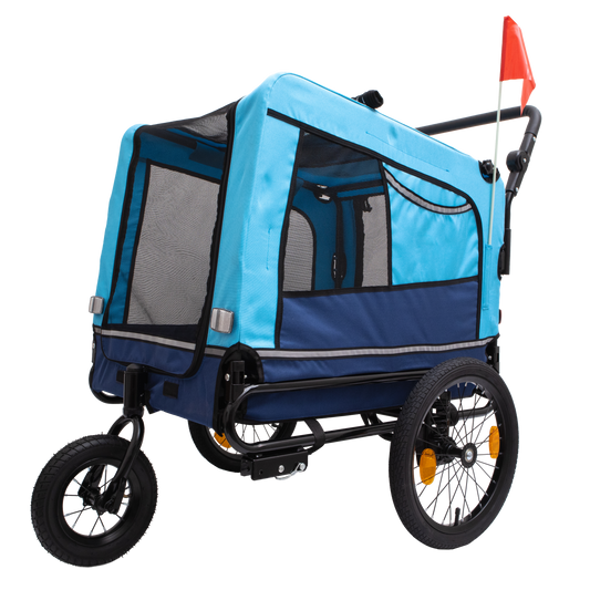 Blue and navy fabric pet stroller with mesh windows and a red safety flag
