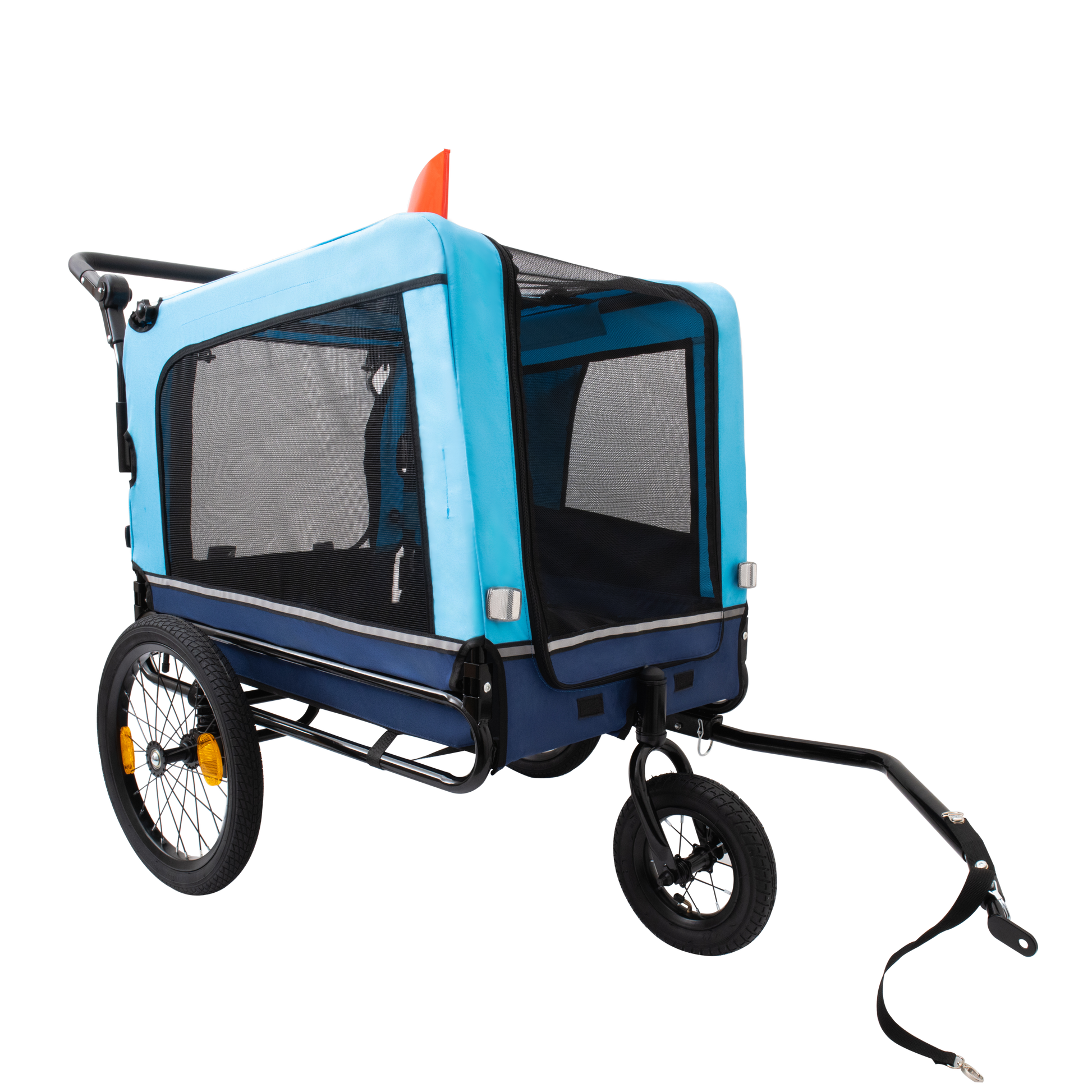 Blue canvas pet stroller with mesh windows and a tow hitch