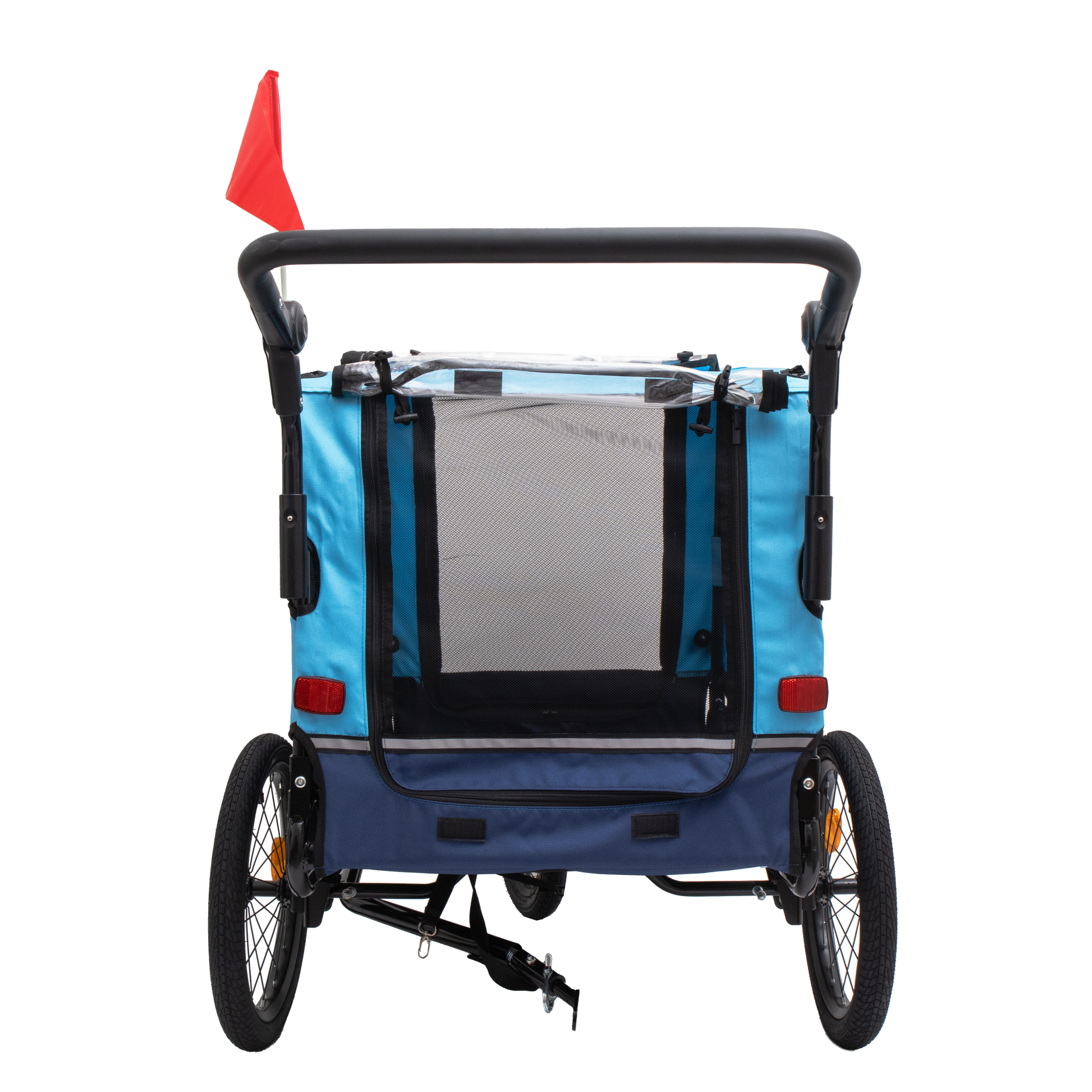 Blue fabric pet trailer with mesh window and red safety flag