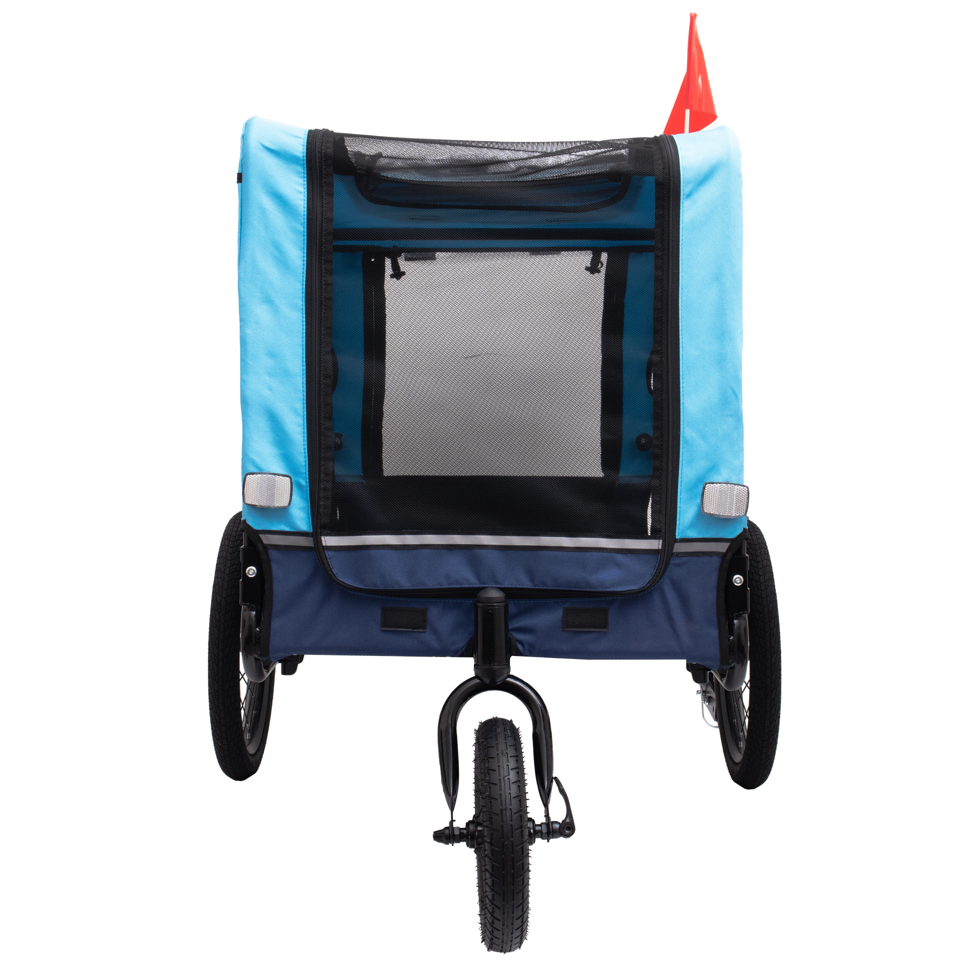 Blue dog trailer with mesh windows and red safety flag
