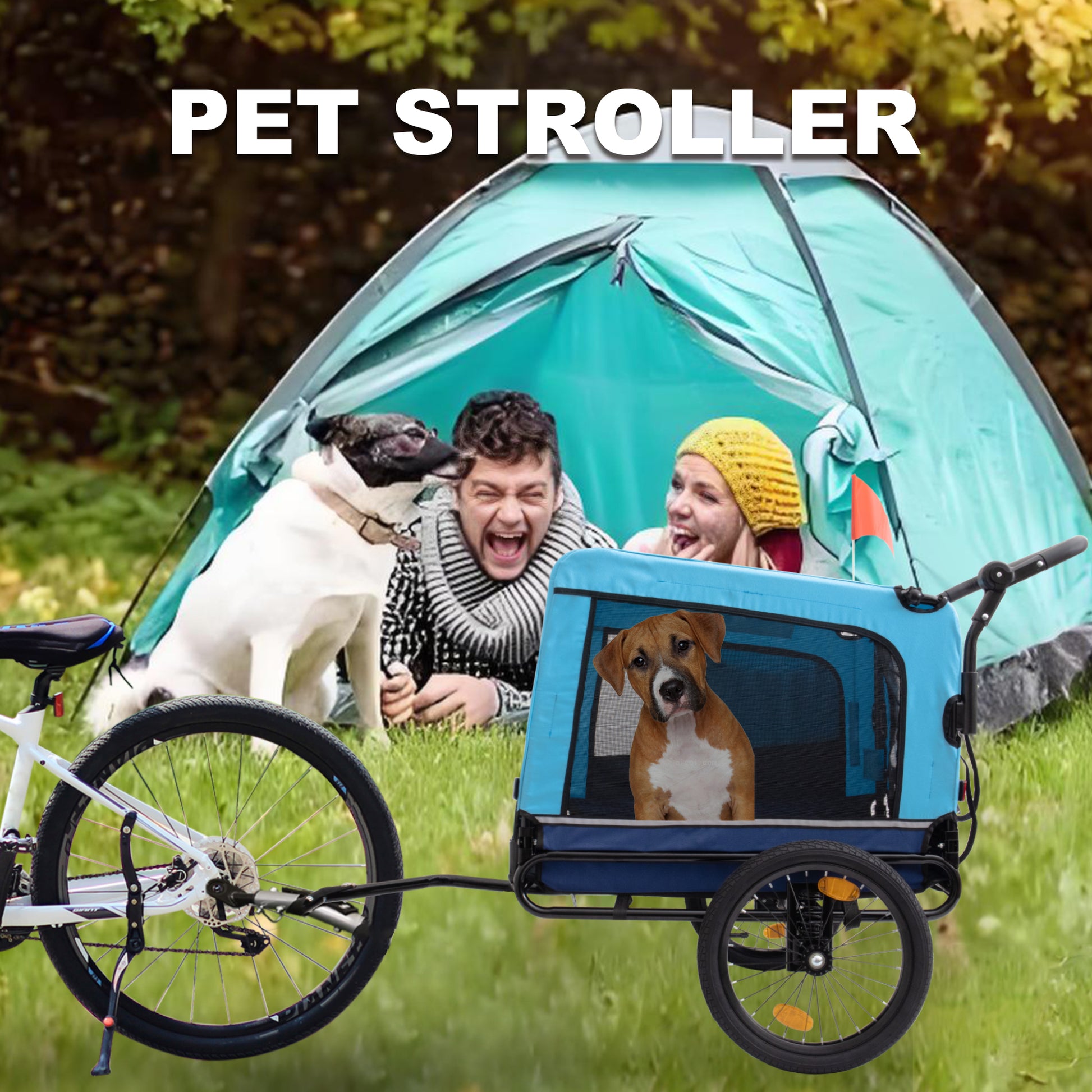 Blue bicycle pet trailer with a pitbull puppy inside attached to a white bike