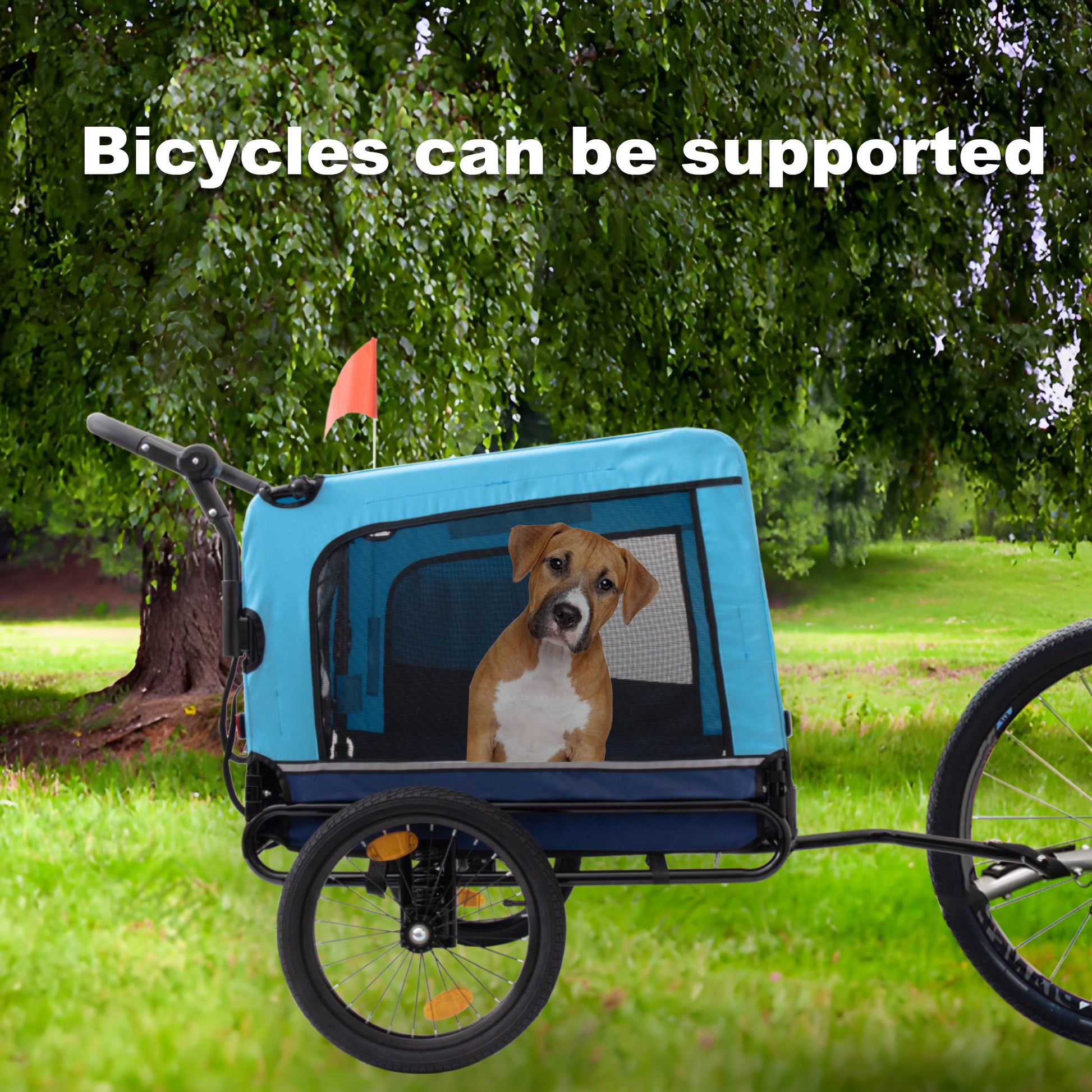 Blue pet stroller for dogs with a tan puppy inside attached to a bicycle wheel