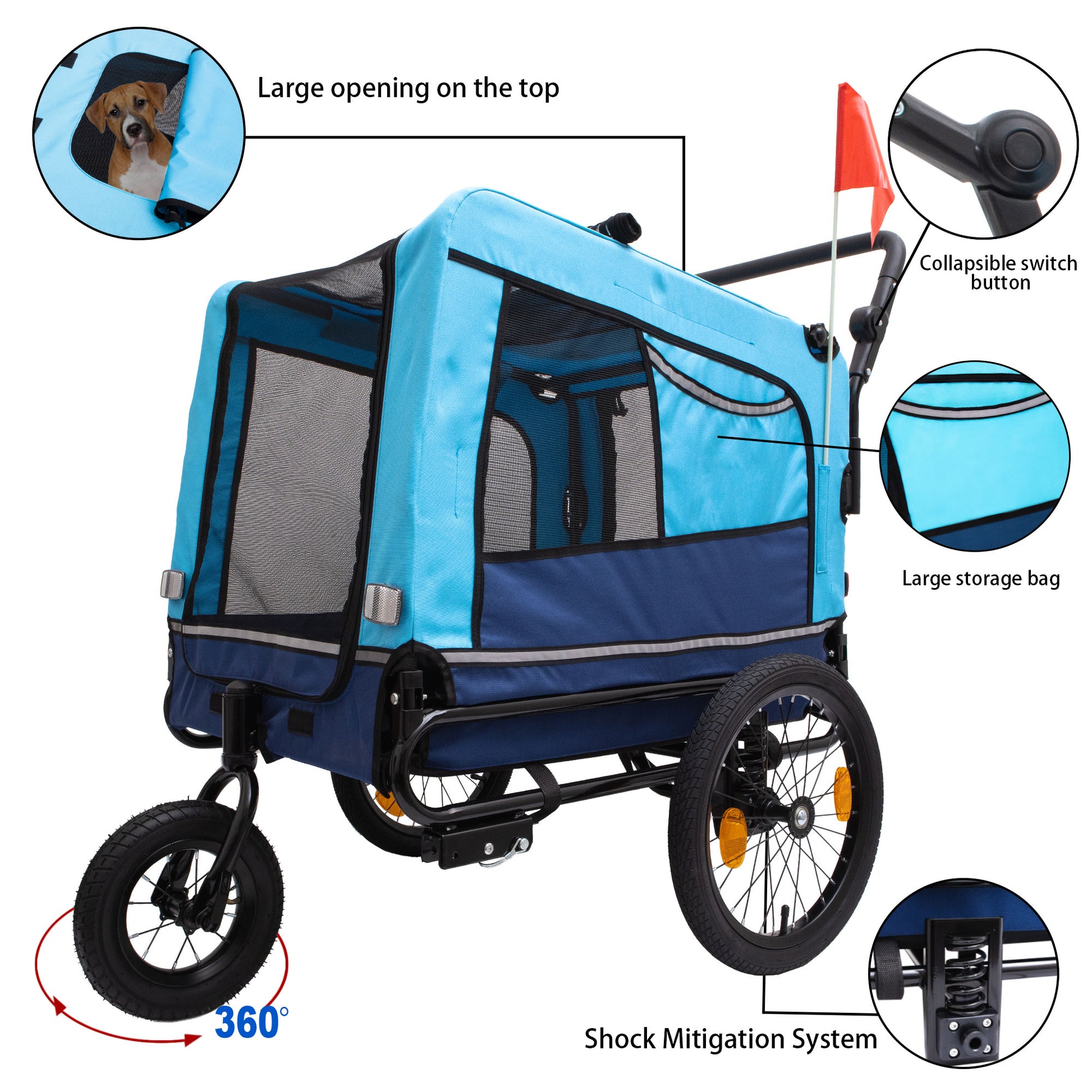 Blue and navy pet trailer with large opening and storage bag