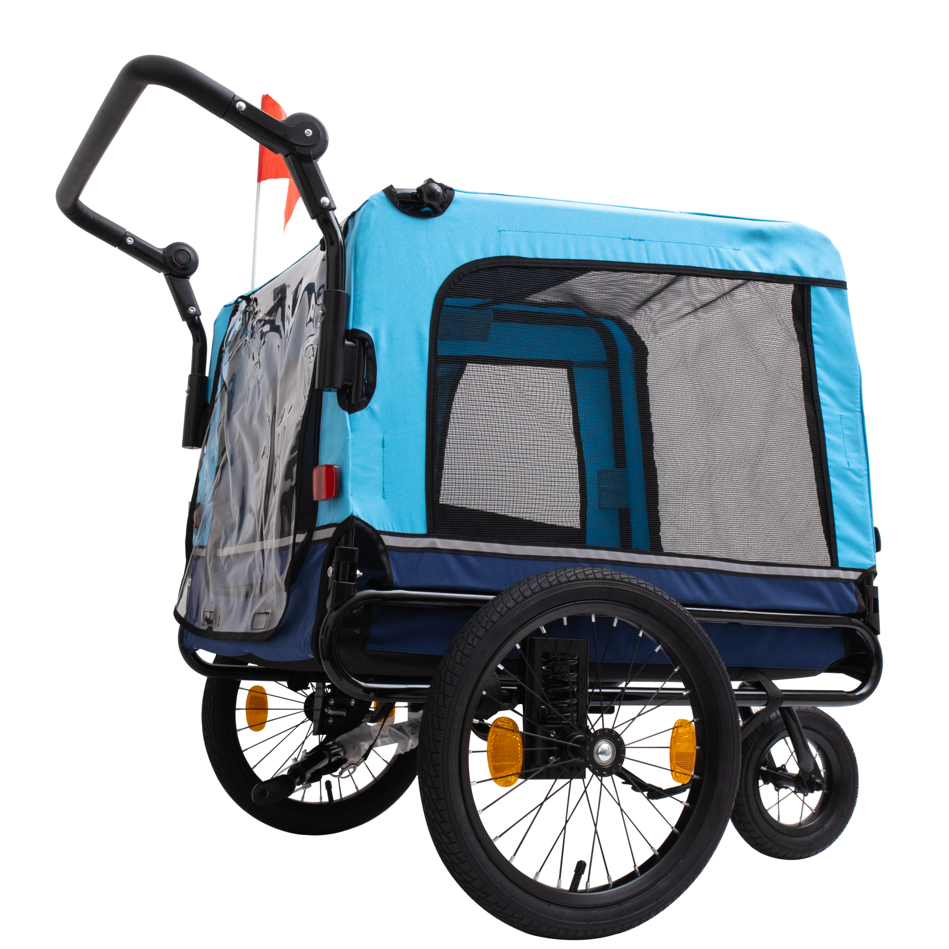 Blue and navy pet stroller with mesh windows and clear rain cover