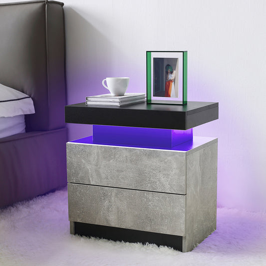 Modern black floating nightstand with textured gray drawers and purple LED lighting