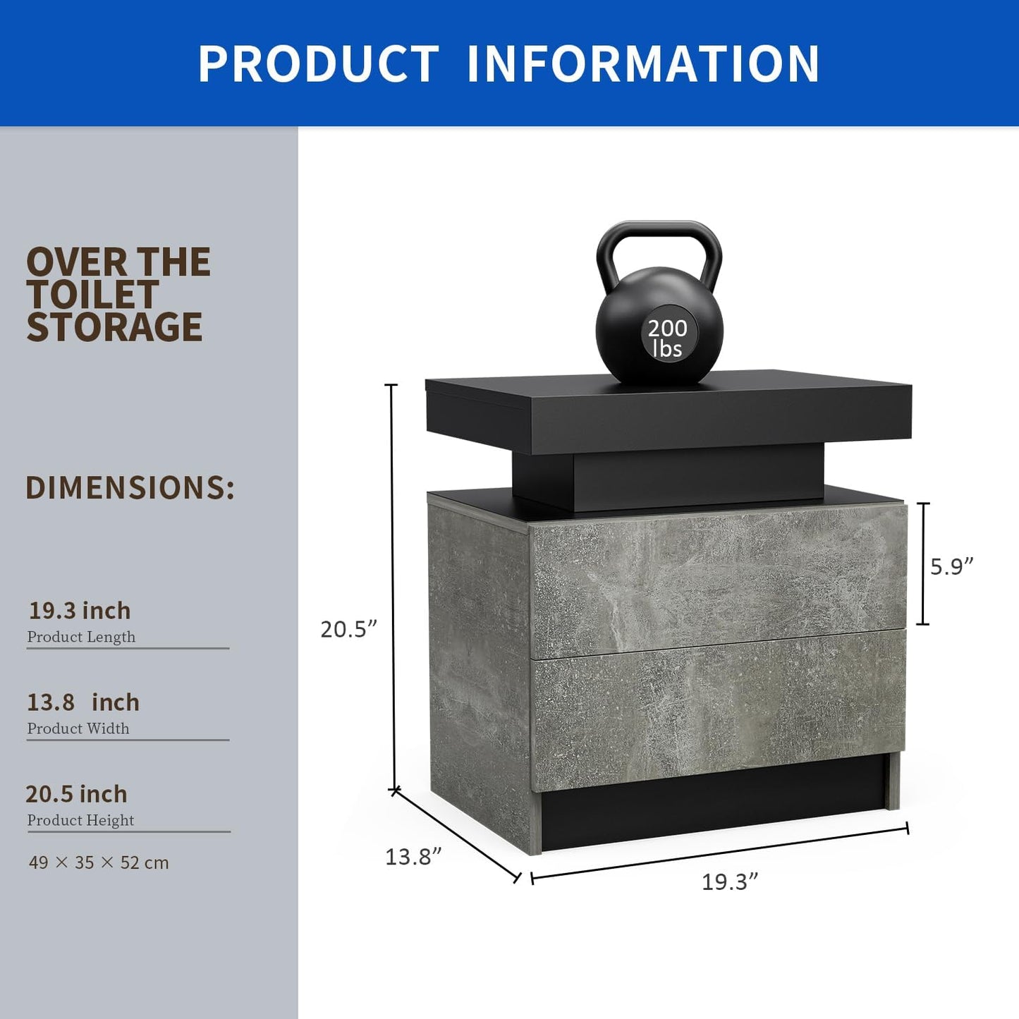 Gray concrete and black wood over the toilet storage unit with dimensions listed