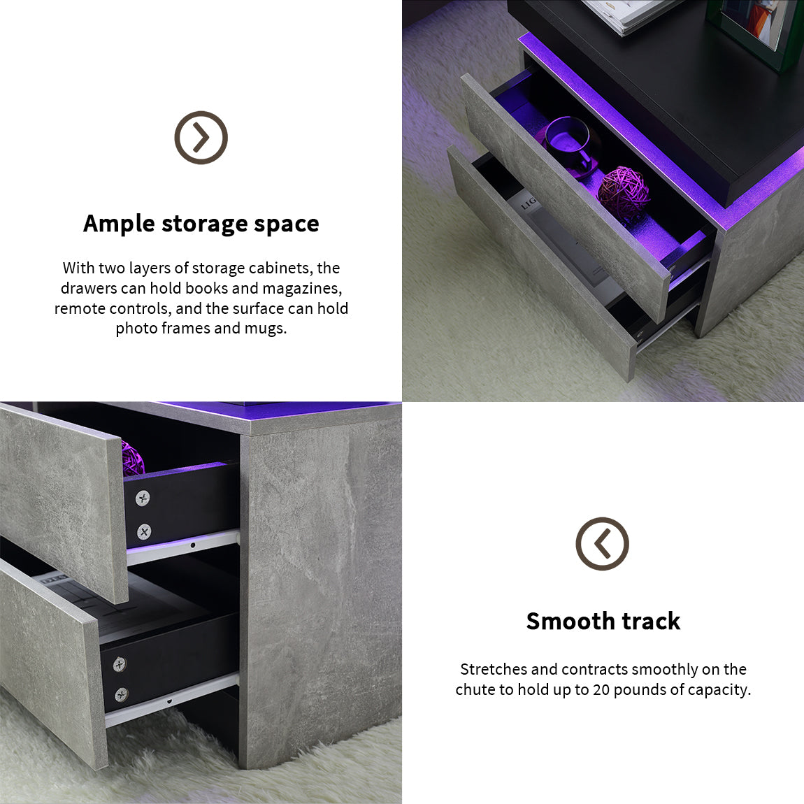 Concrete finish coffee table with ample storage space and LED lighting