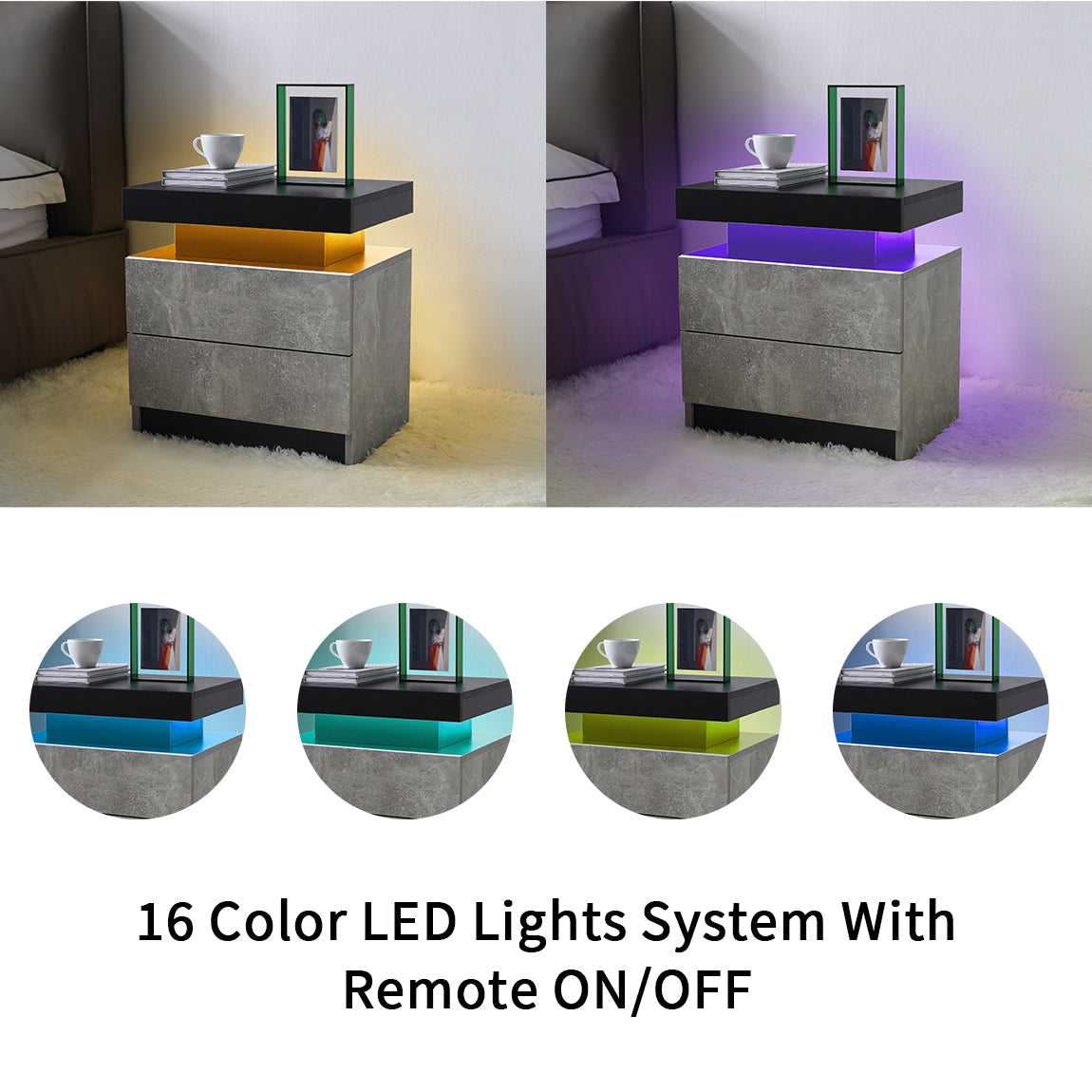 Gray concrete nightstand with yellow LED glow