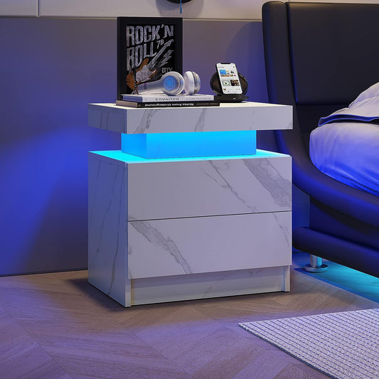 White marble modern nightstand with blue LED light accent